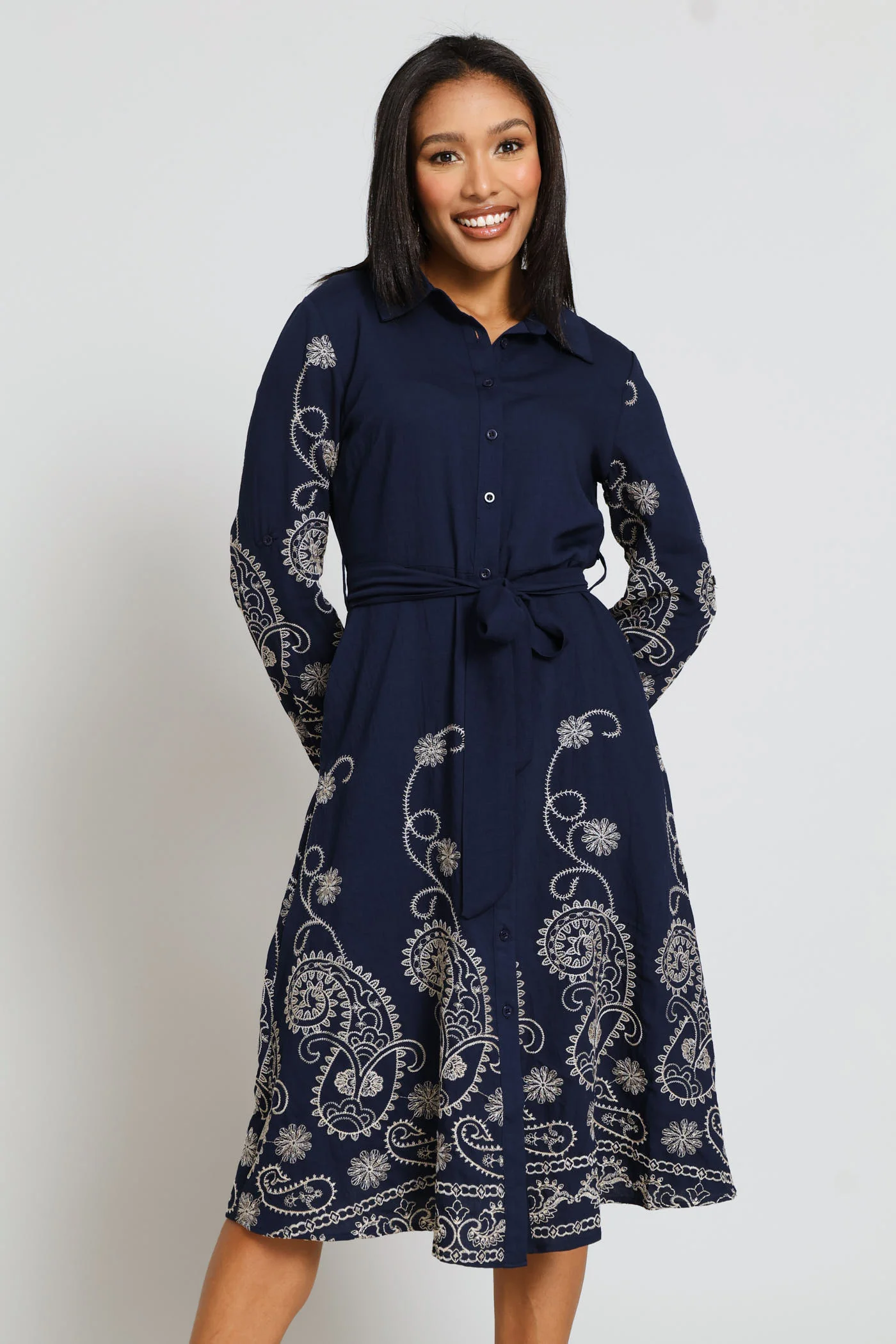 Long Sleeve Button Through Embroidered Midi Dress - Navy - Image 3