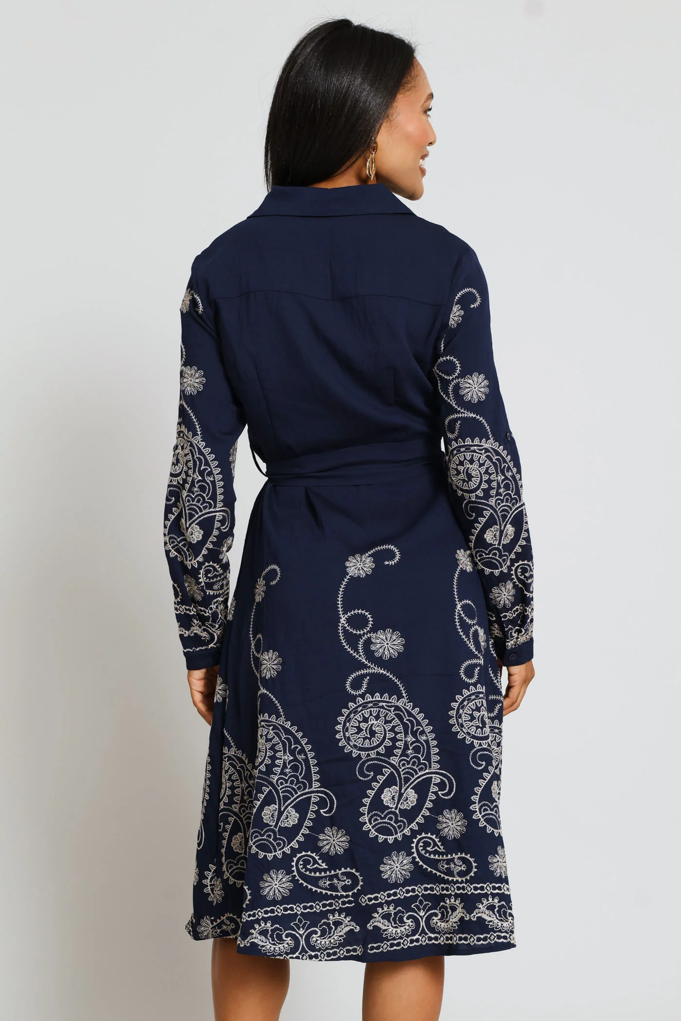 Long Sleeve Button Through Embroidered Midi Dress - Navy - Image 4