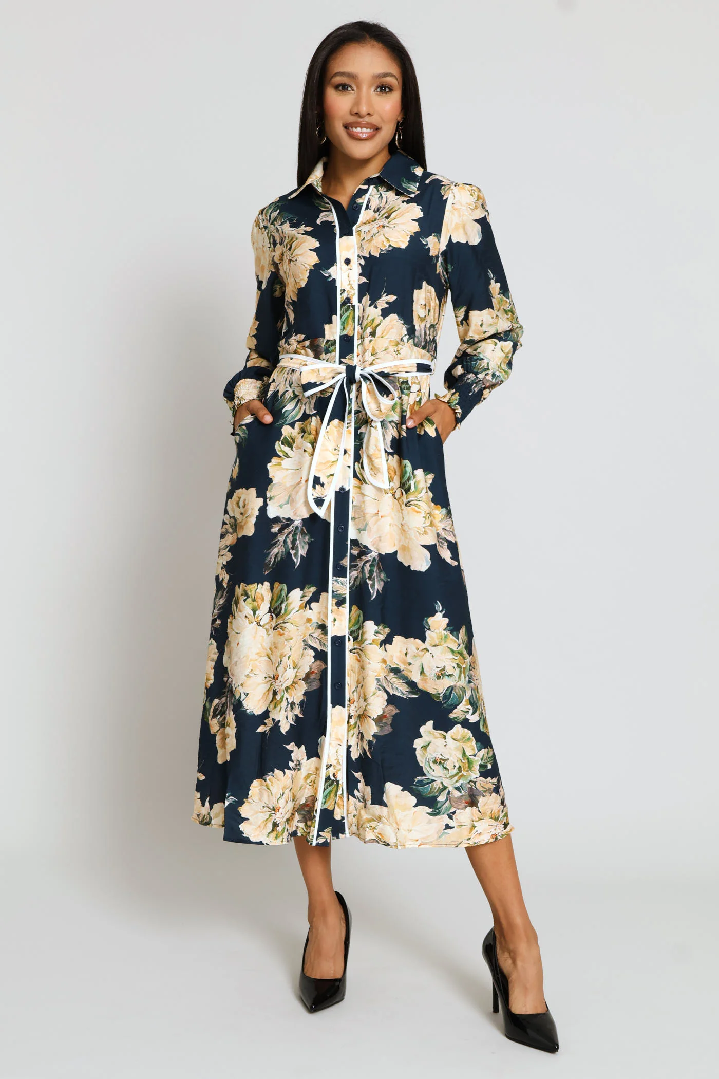 Long Sleeve Button Through Floral Viscose Blend Maxi Dress - Navy - Image 3
