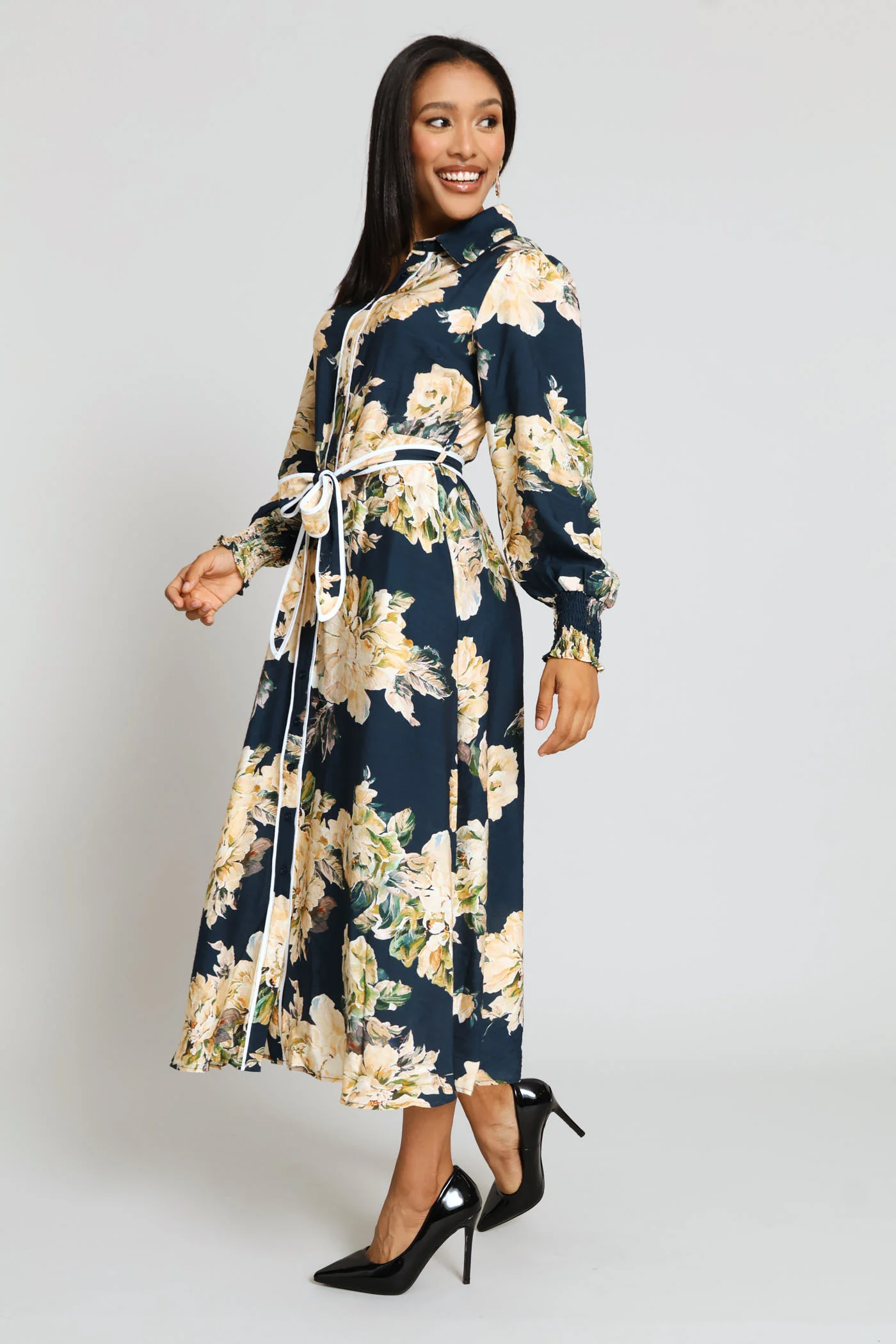 Long Sleeve Button Through Floral Viscose Blend Maxi Dress - Navy - Image 4