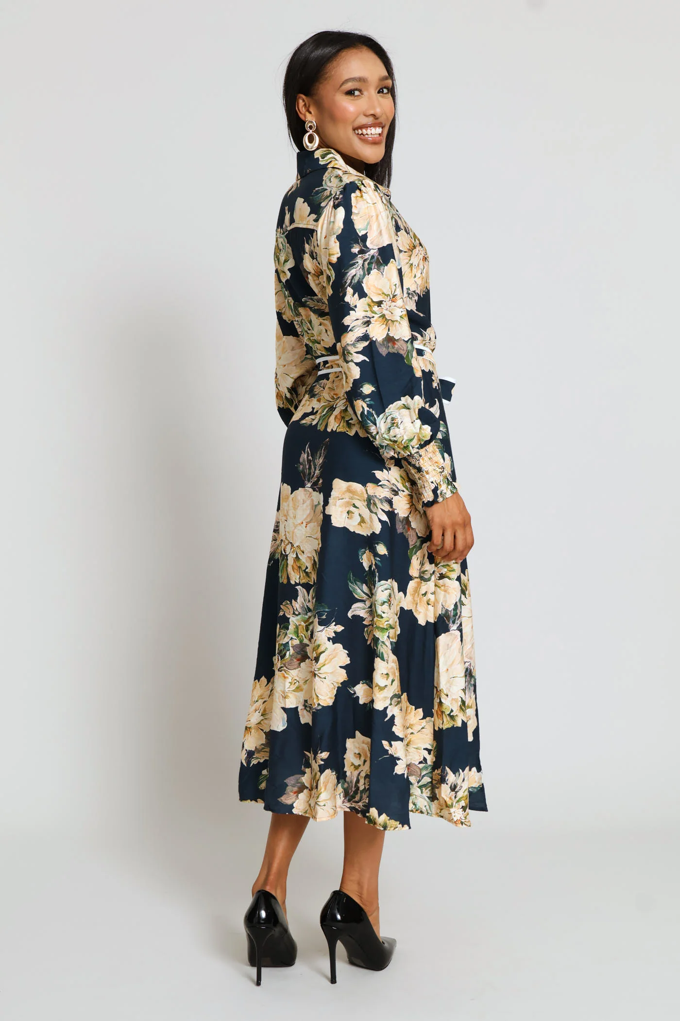 Long Sleeve Button Through Floral Viscose Blend Maxi Dress - Navy - Image 5
