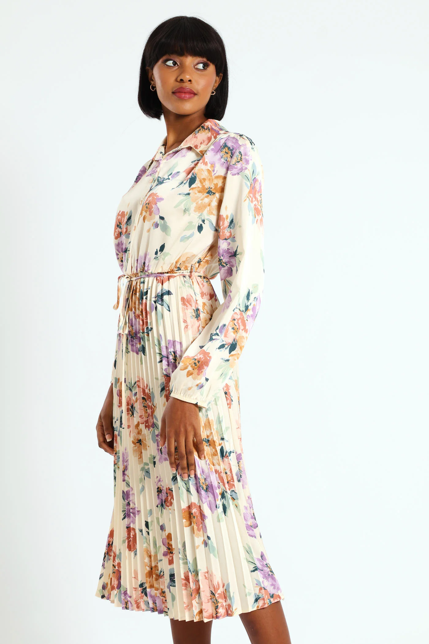 Long Sleeve Button Through Pleated Dress - Cream - Image 3