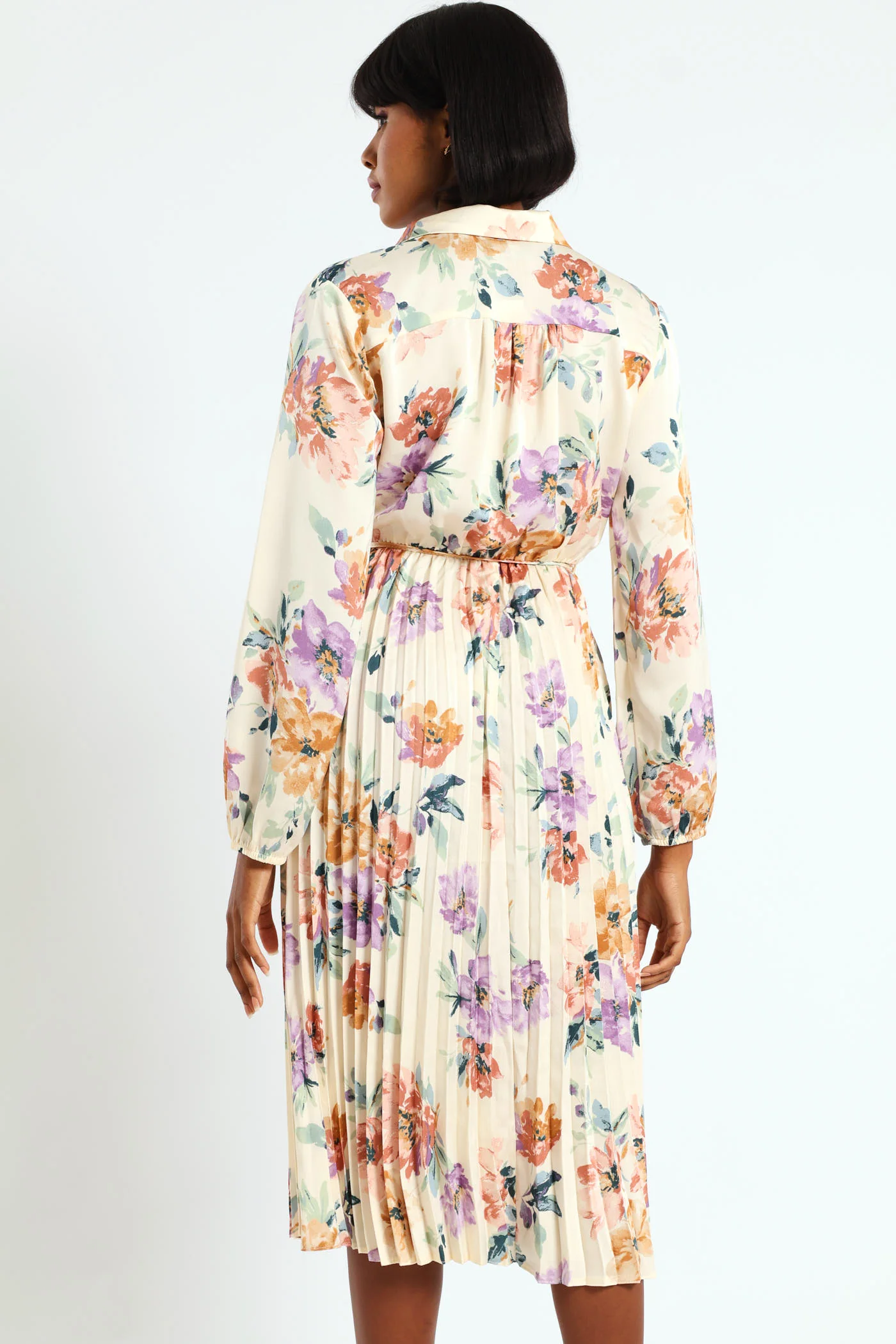 Long Sleeve Button Through Pleated Dress - Cream - Image 4