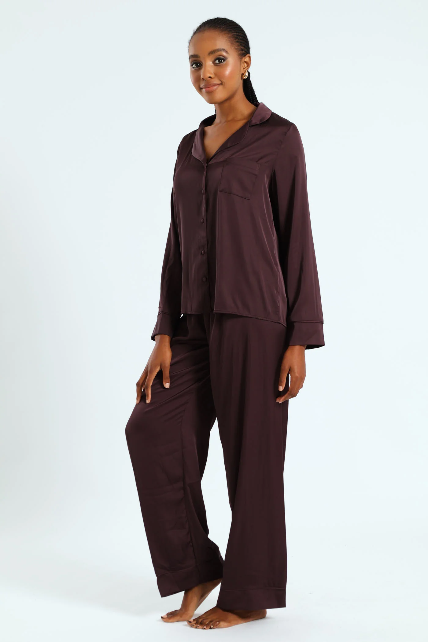 Long Sleeve Button Through Satin Top & Pant Set - Chocolate - Image 2