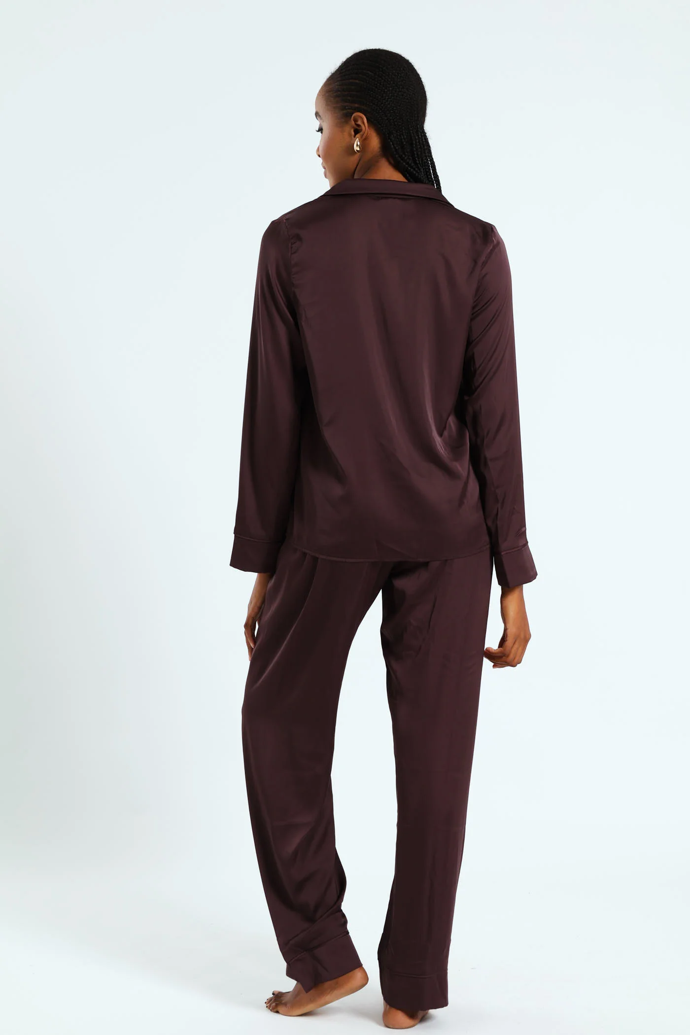 Long Sleeve Button Through Satin Top & Pant Set - Chocolate - Image 3