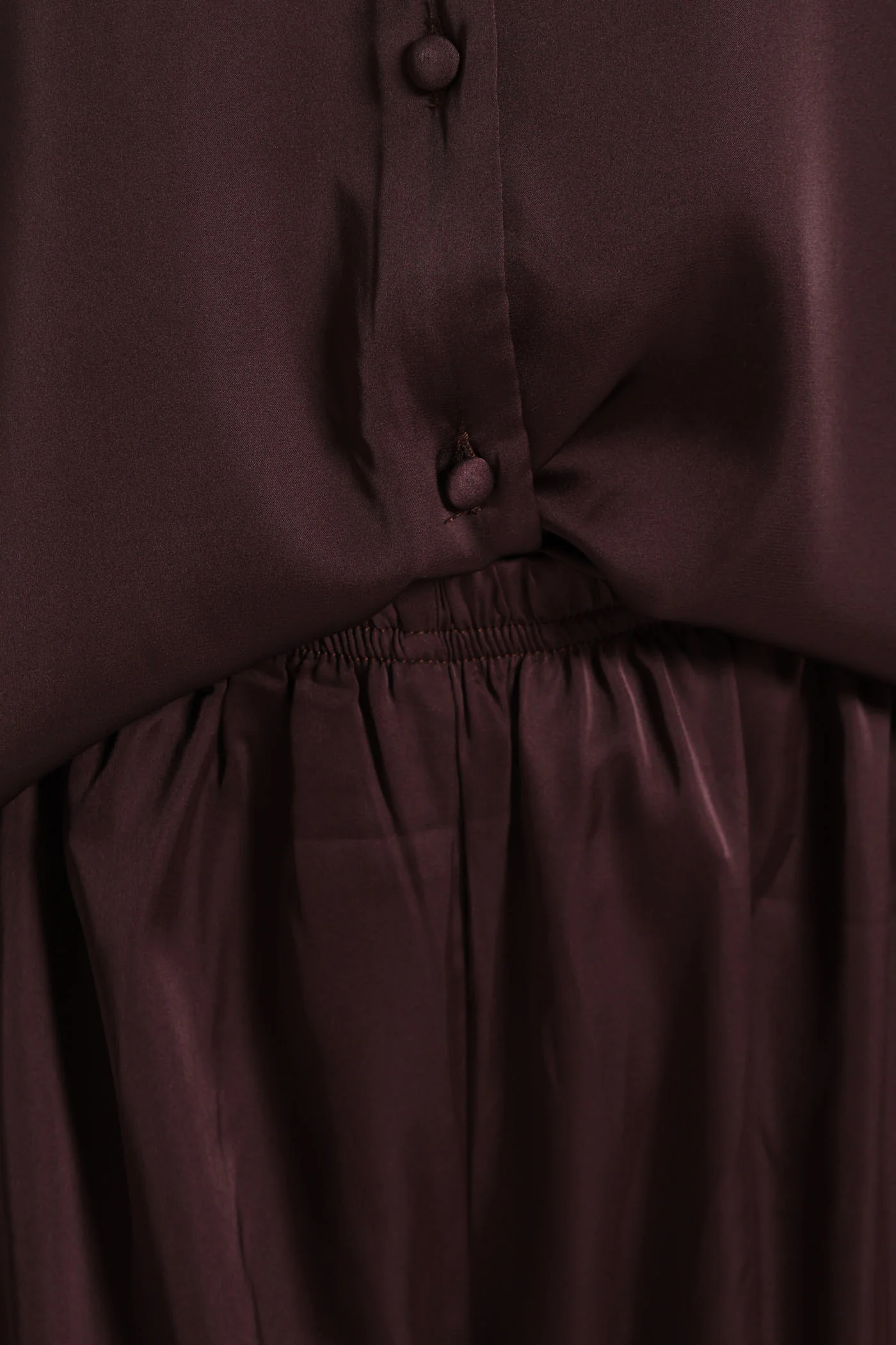 Long Sleeve Button Through Satin Top & Pant Set - Chocolate - Image 4