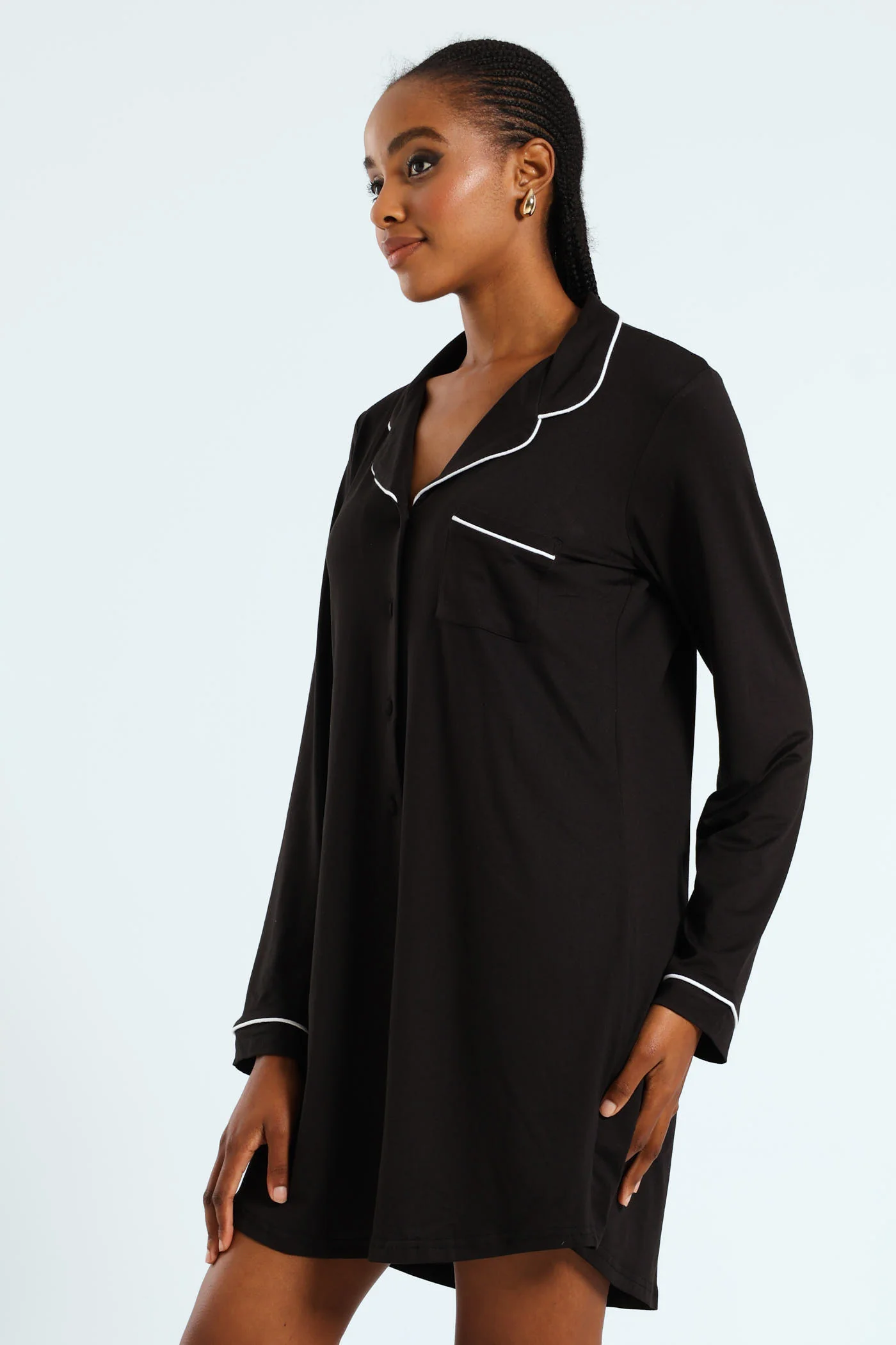 Long Sleeve Button Through Soft Touch Sleep Shirt - Black - Image 3