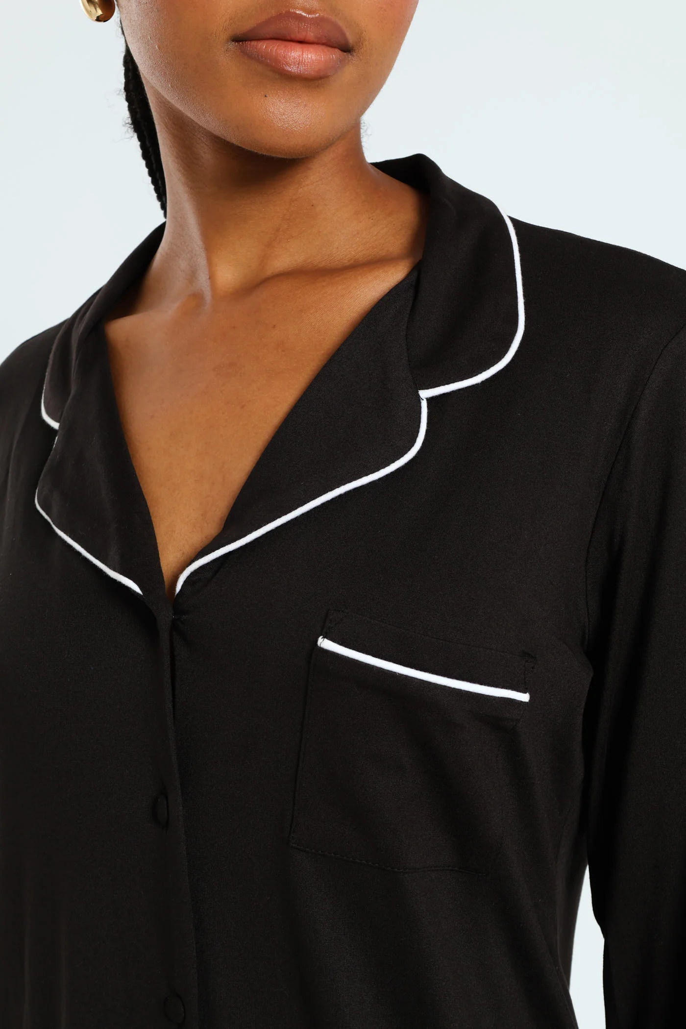 Long Sleeve Button Through Soft Touch Sleep Shirt - Black - Image 5