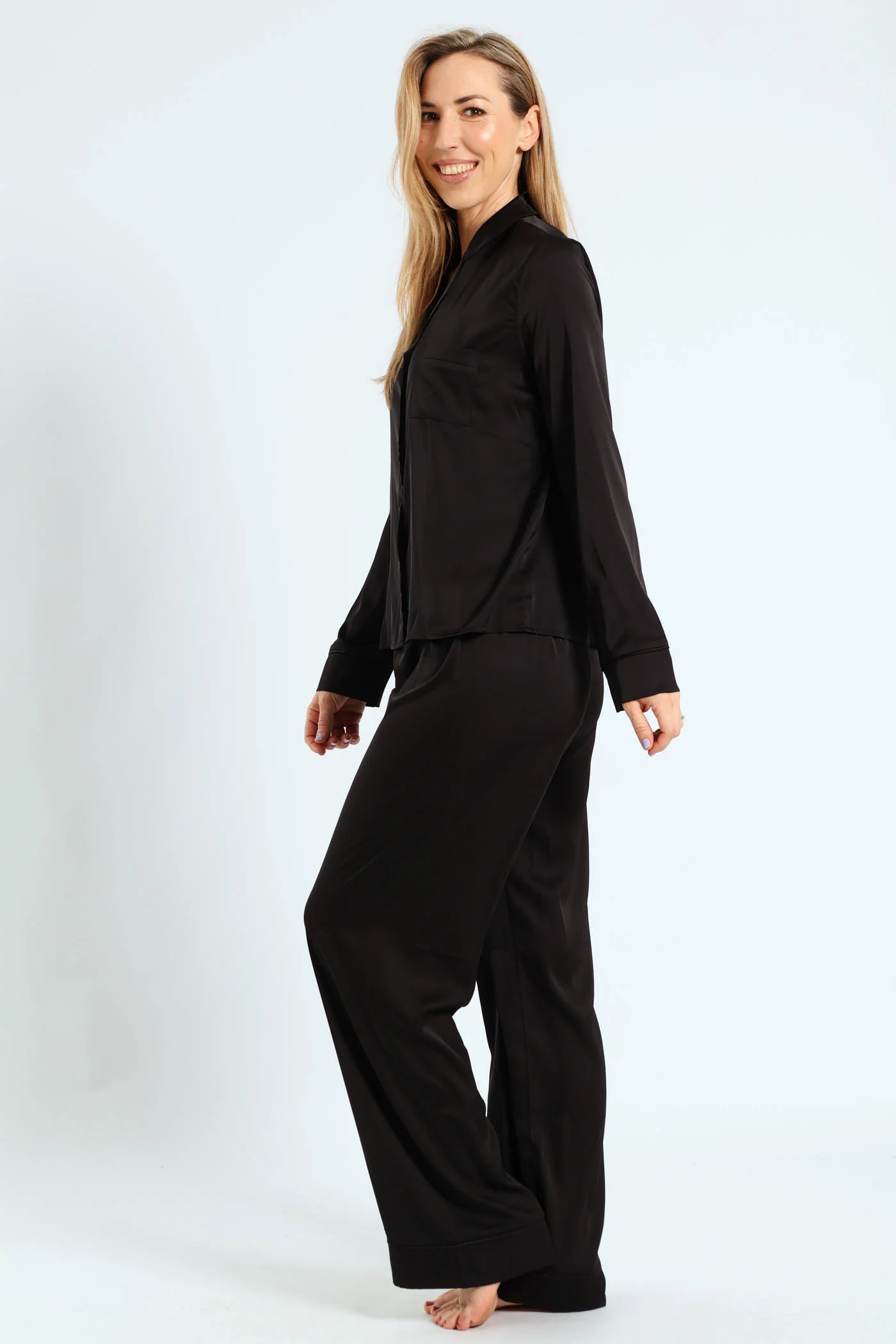 Long Sleeve Button Through Top & Pants Satin Set - Black - Image 2