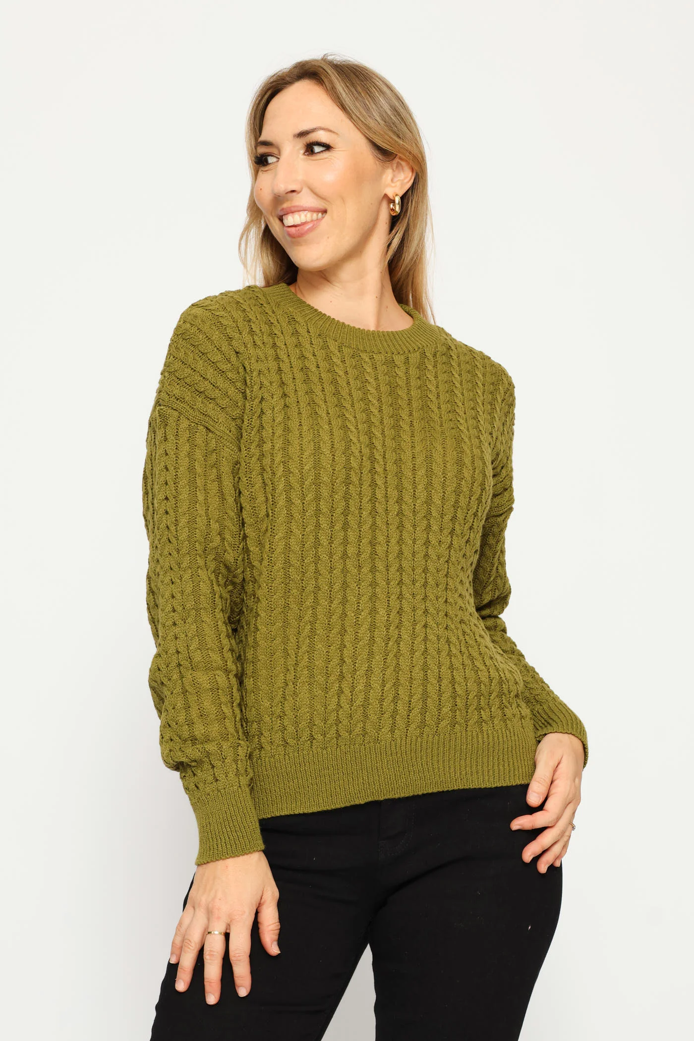 Long Sleeve Cable Pullover - Chartreuse - Image 3