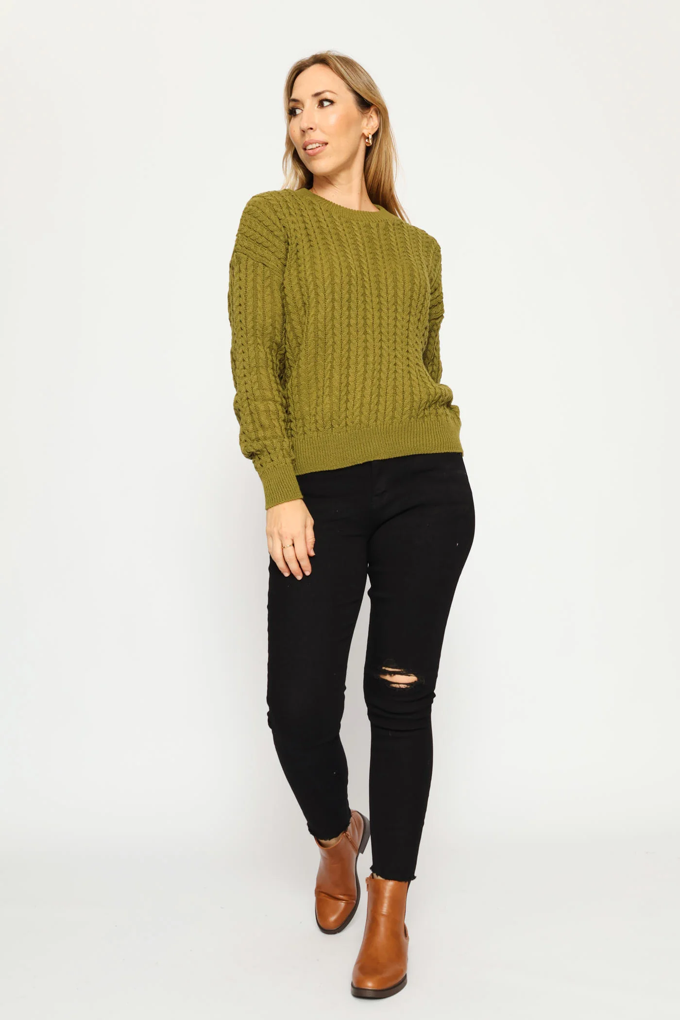 Long Sleeve Cable Pullover - Chartreuse - Image 7