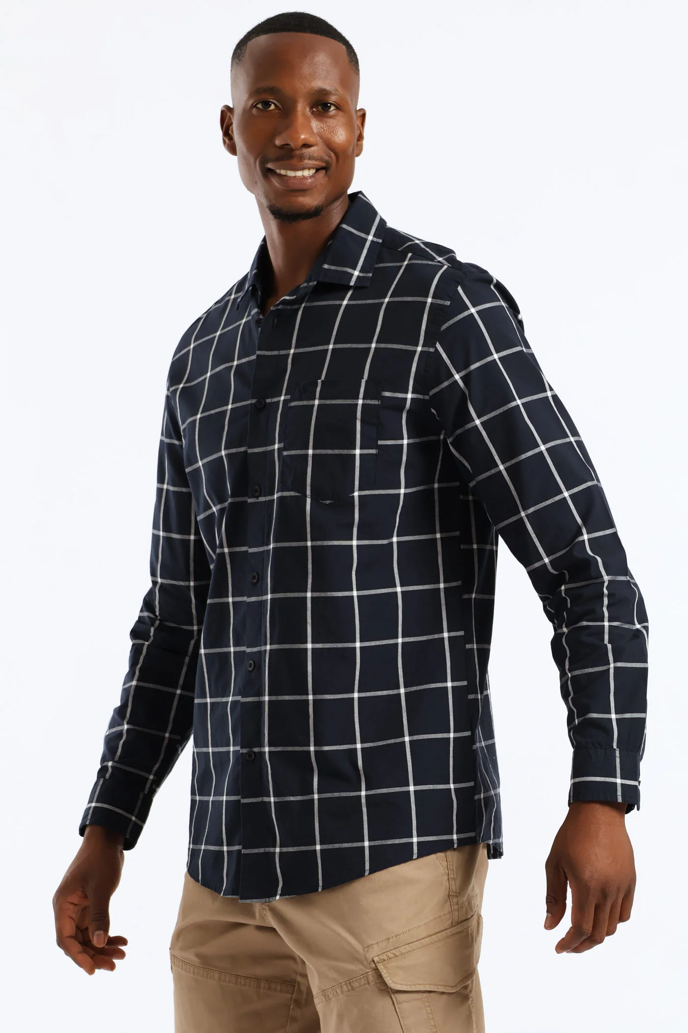 Long Sleeve Check Regular Shirt - Navy/White - Image 3