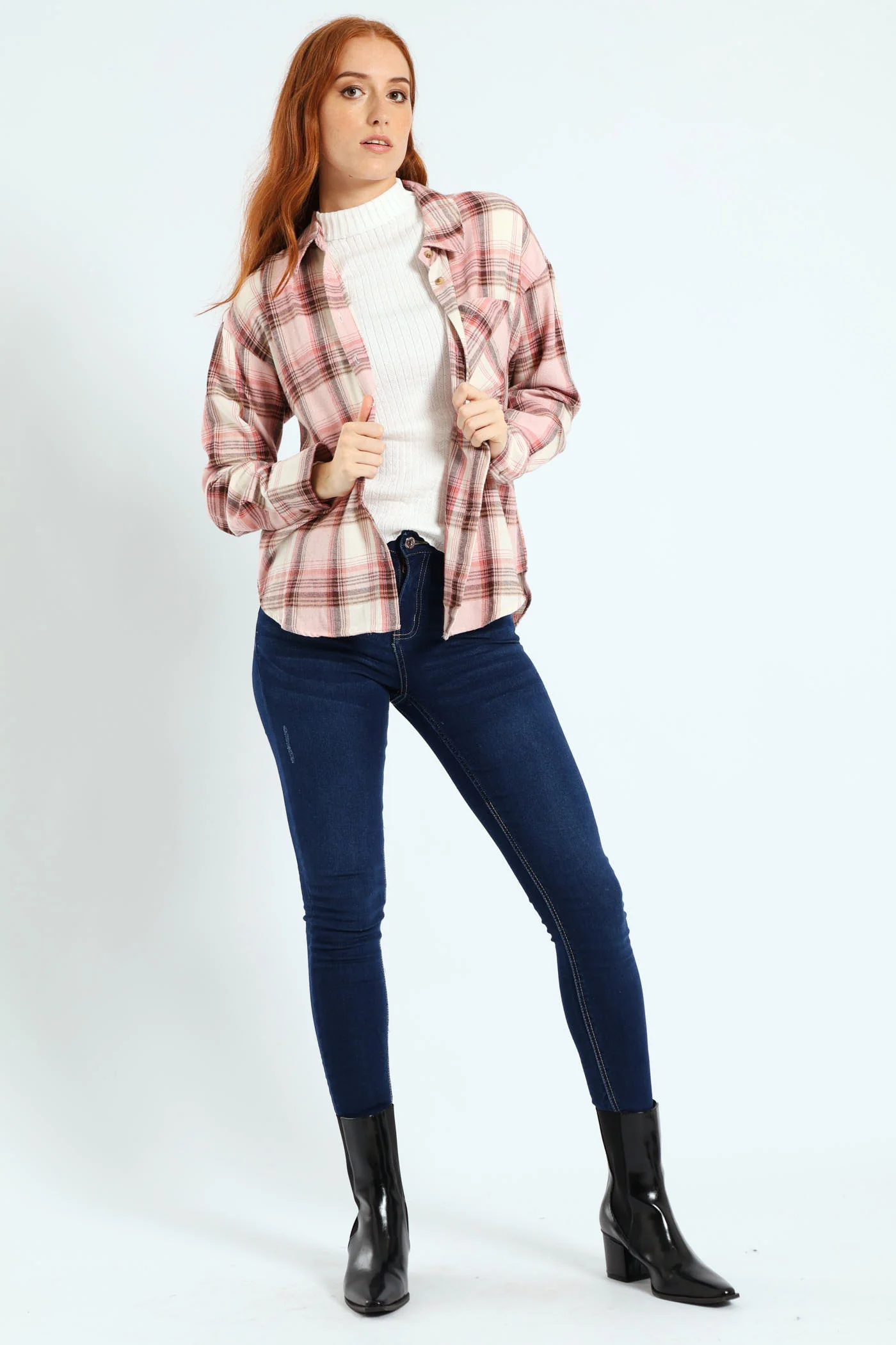 Long Sleeve Check Shacket - Blush - Image 2