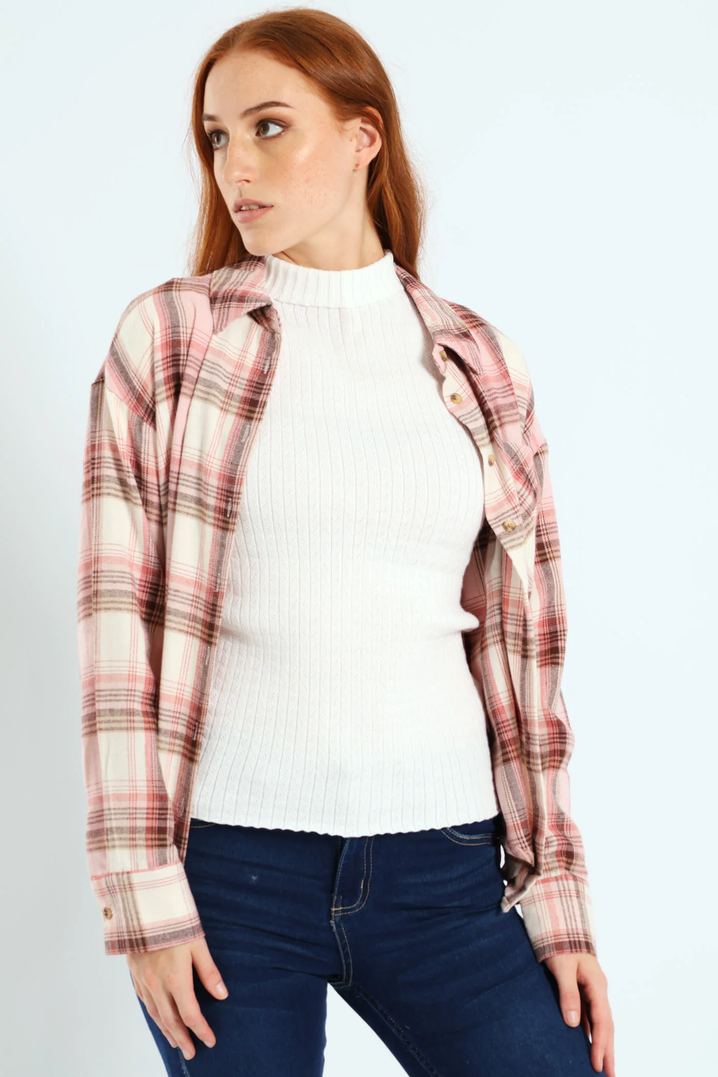 Long Sleeve Check Shacket - Blush - Image 3