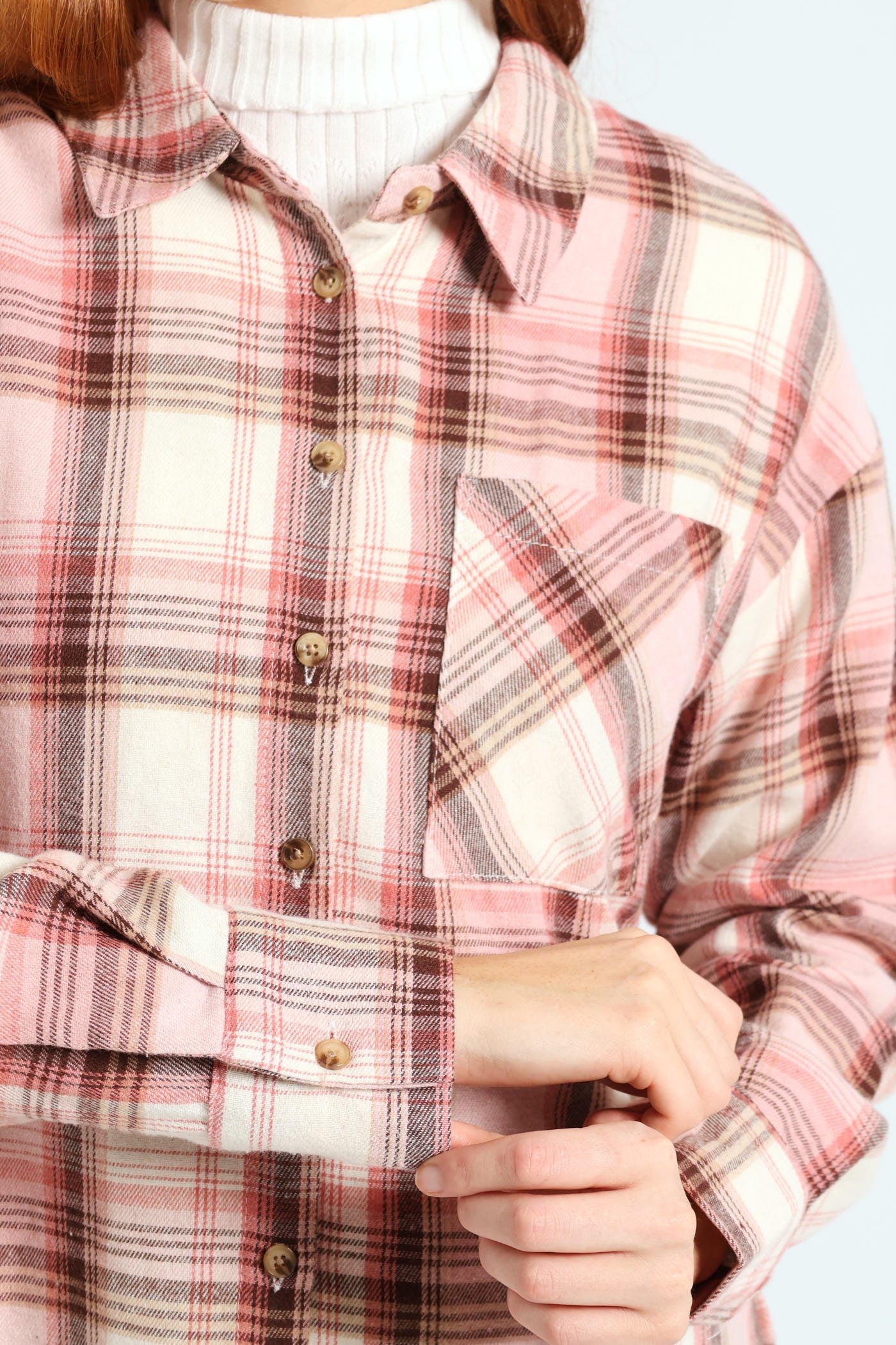 Long Sleeve Check Shacket - Blush - Image 4