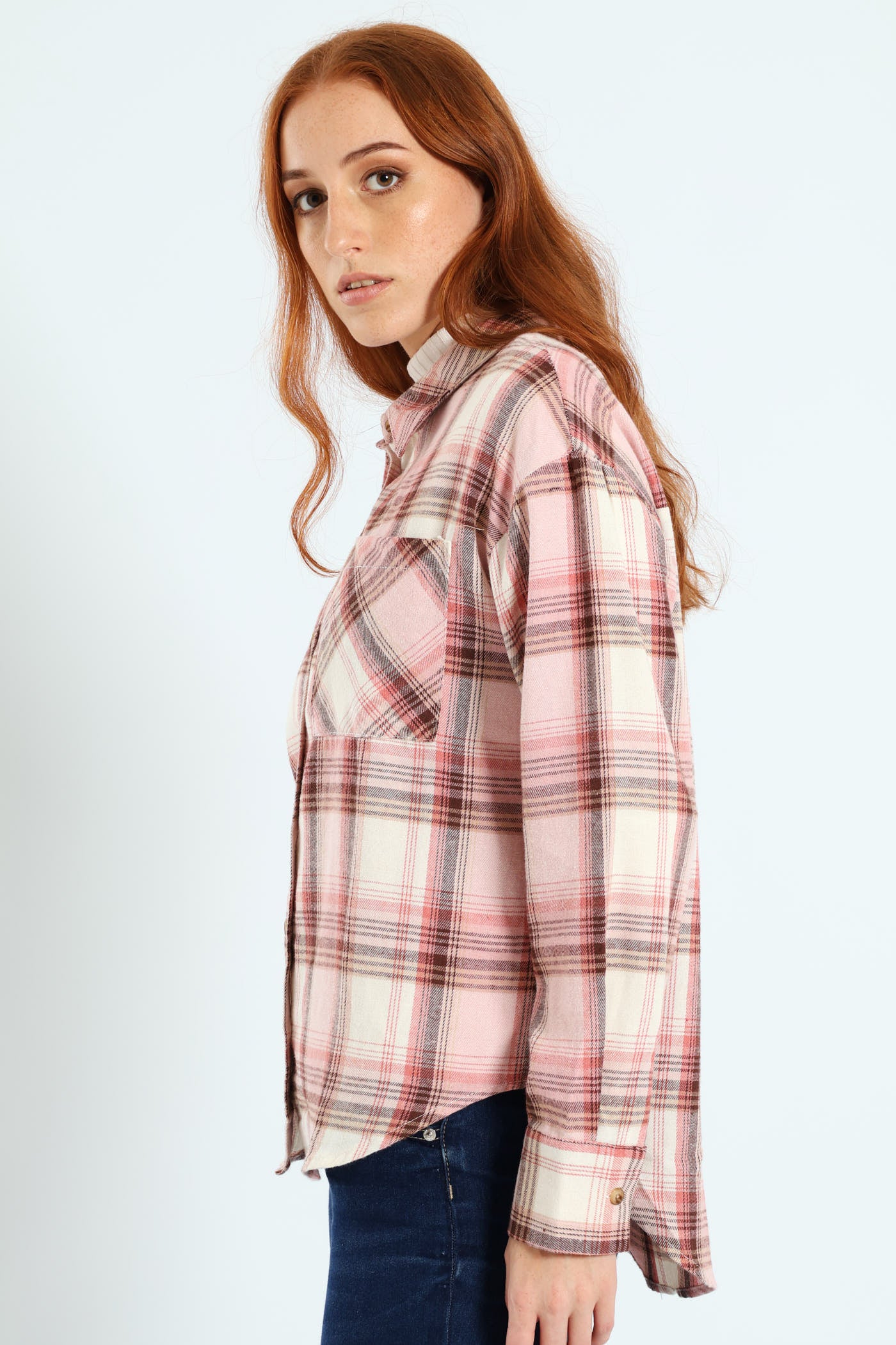 Long Sleeve Check Shacket - Blush - Image 5