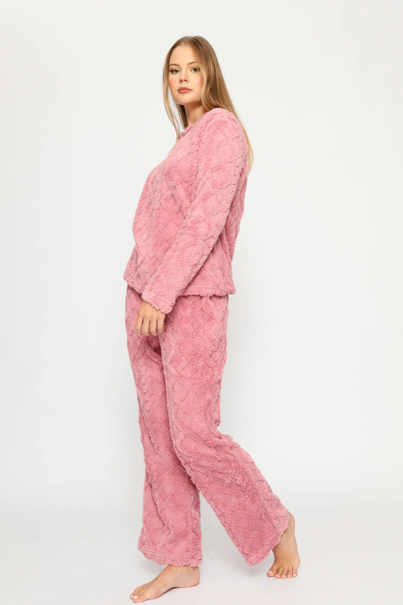 Long Sleeve Cherry Embossed Polar Fleece Top & Pant Set - Pink - Image 3