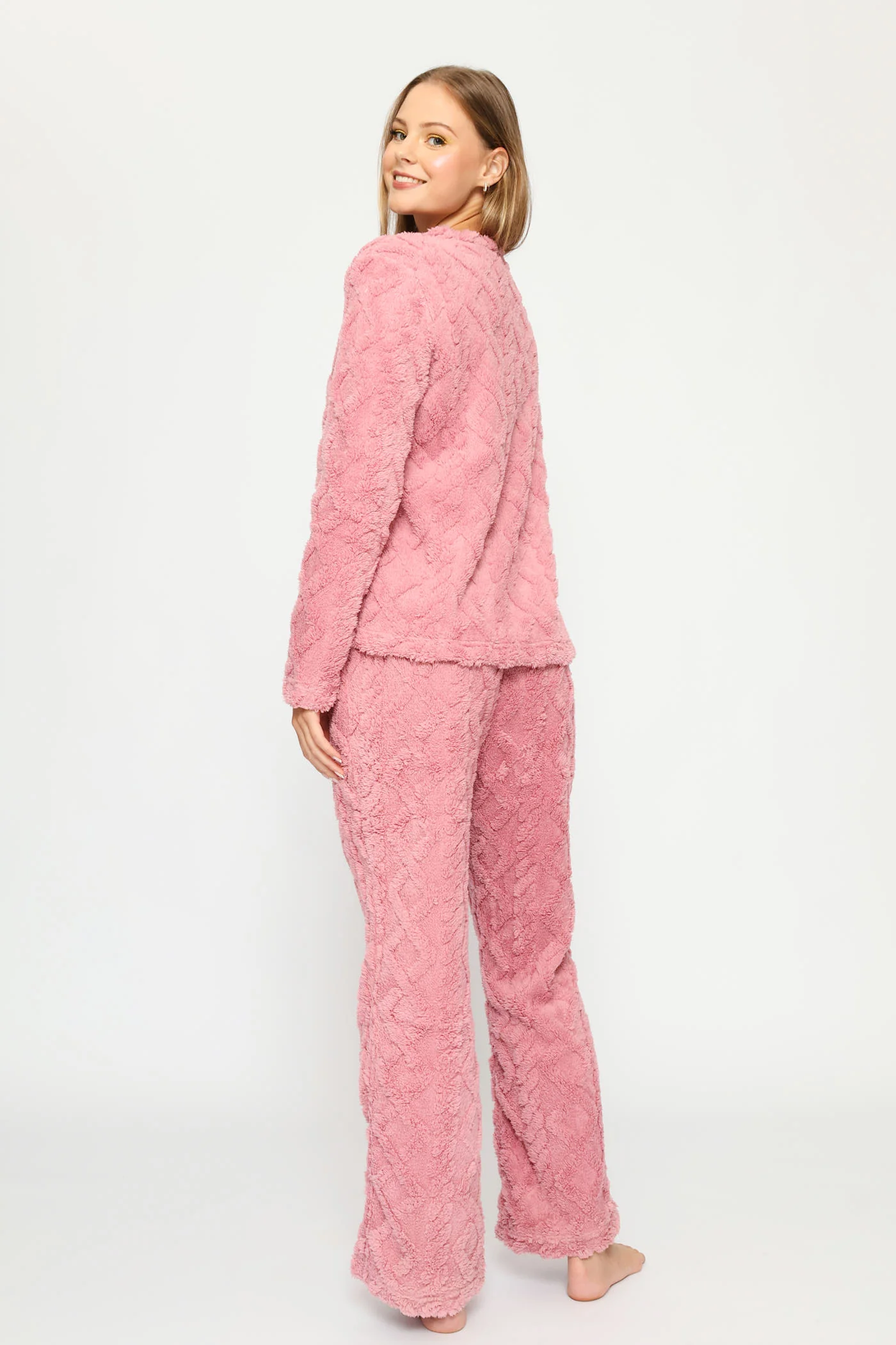 Long Sleeve Cherry Embossed Polar Fleece Top & Pant Set - Pink - Image 4