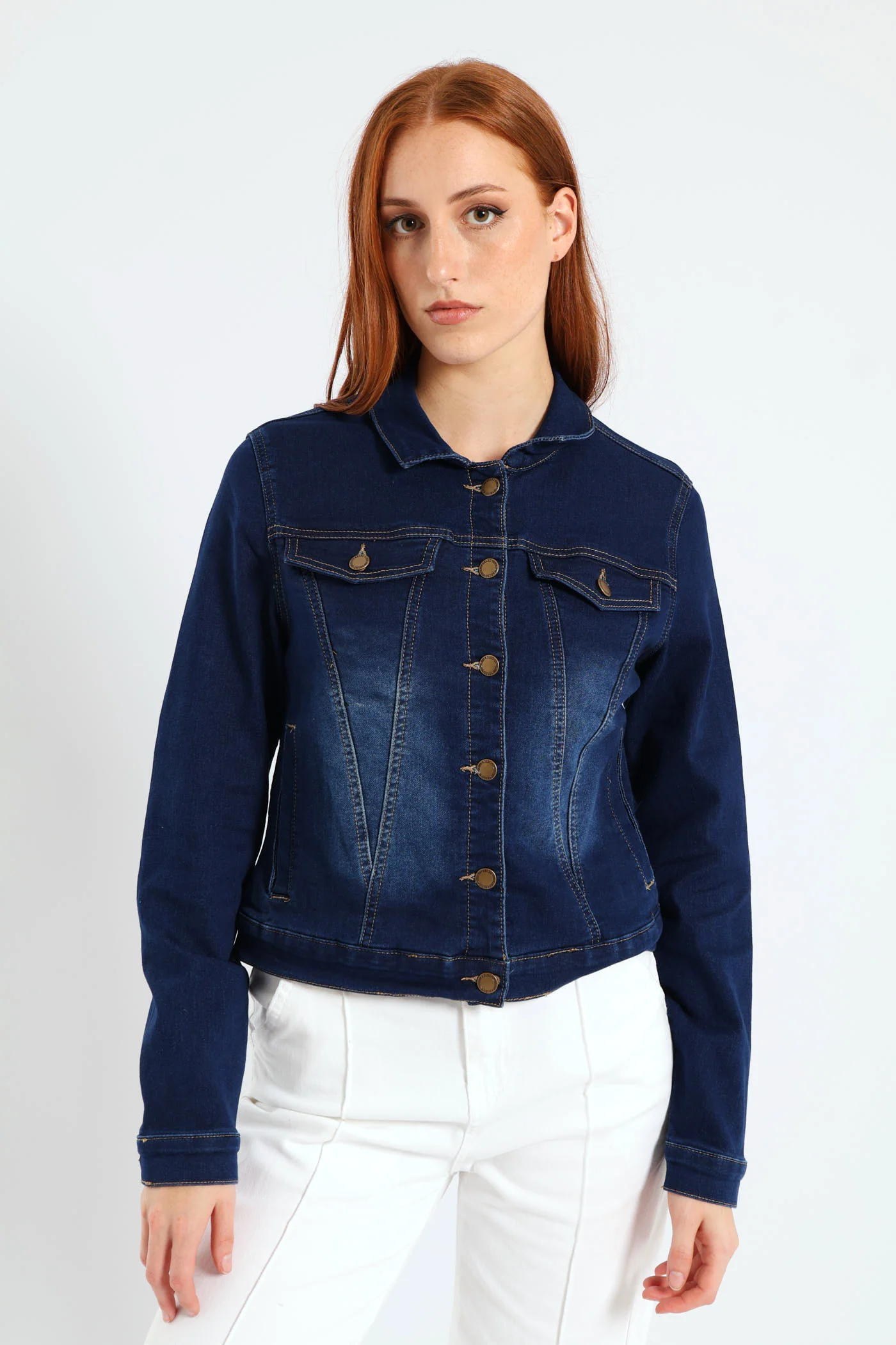 Long Sleeve Classic Knit Denim Trucker Jacket - Dark Wash - Image 2