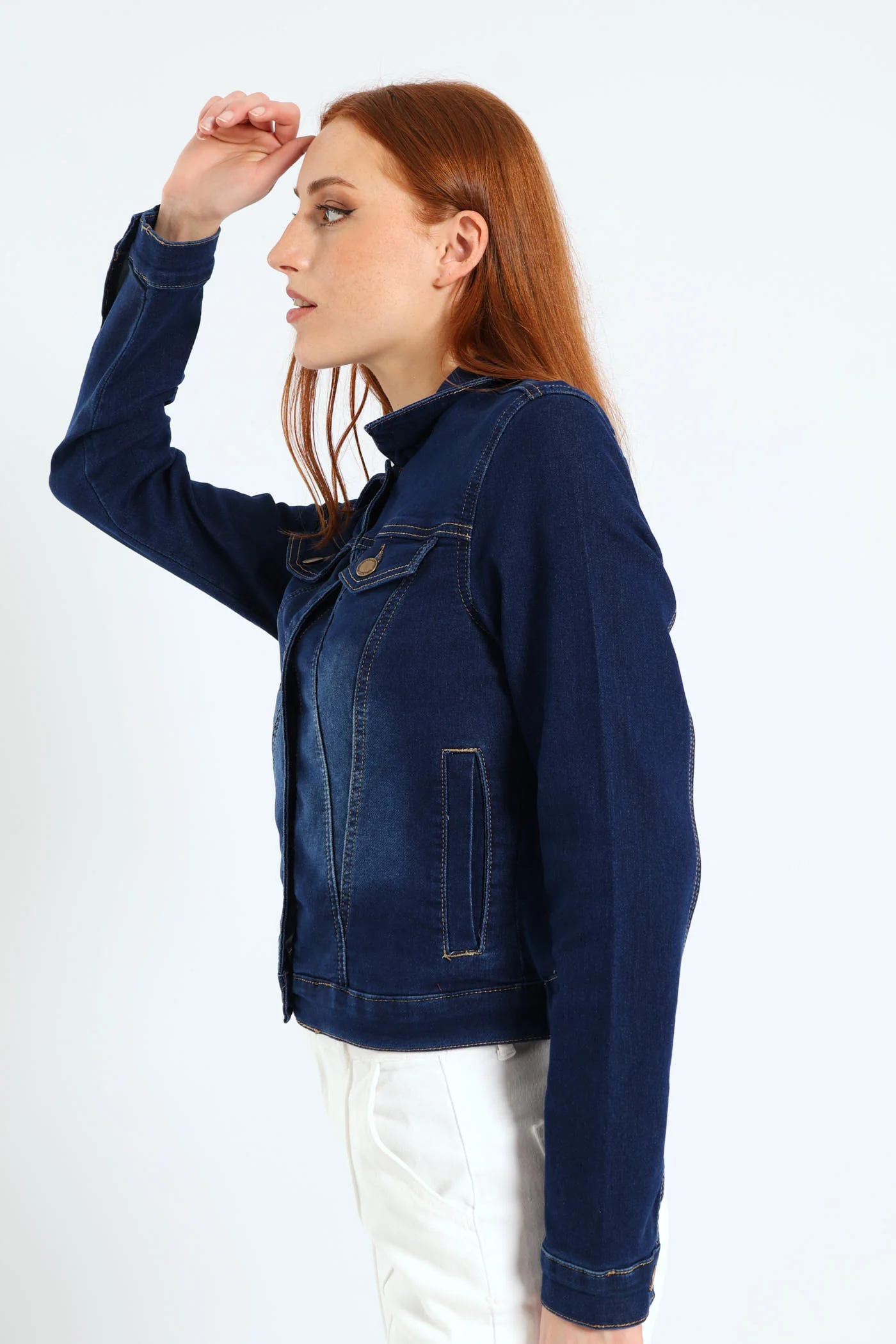 Long Sleeve Classic Knit Denim Trucker Jacket - Dark Wash - Image 3