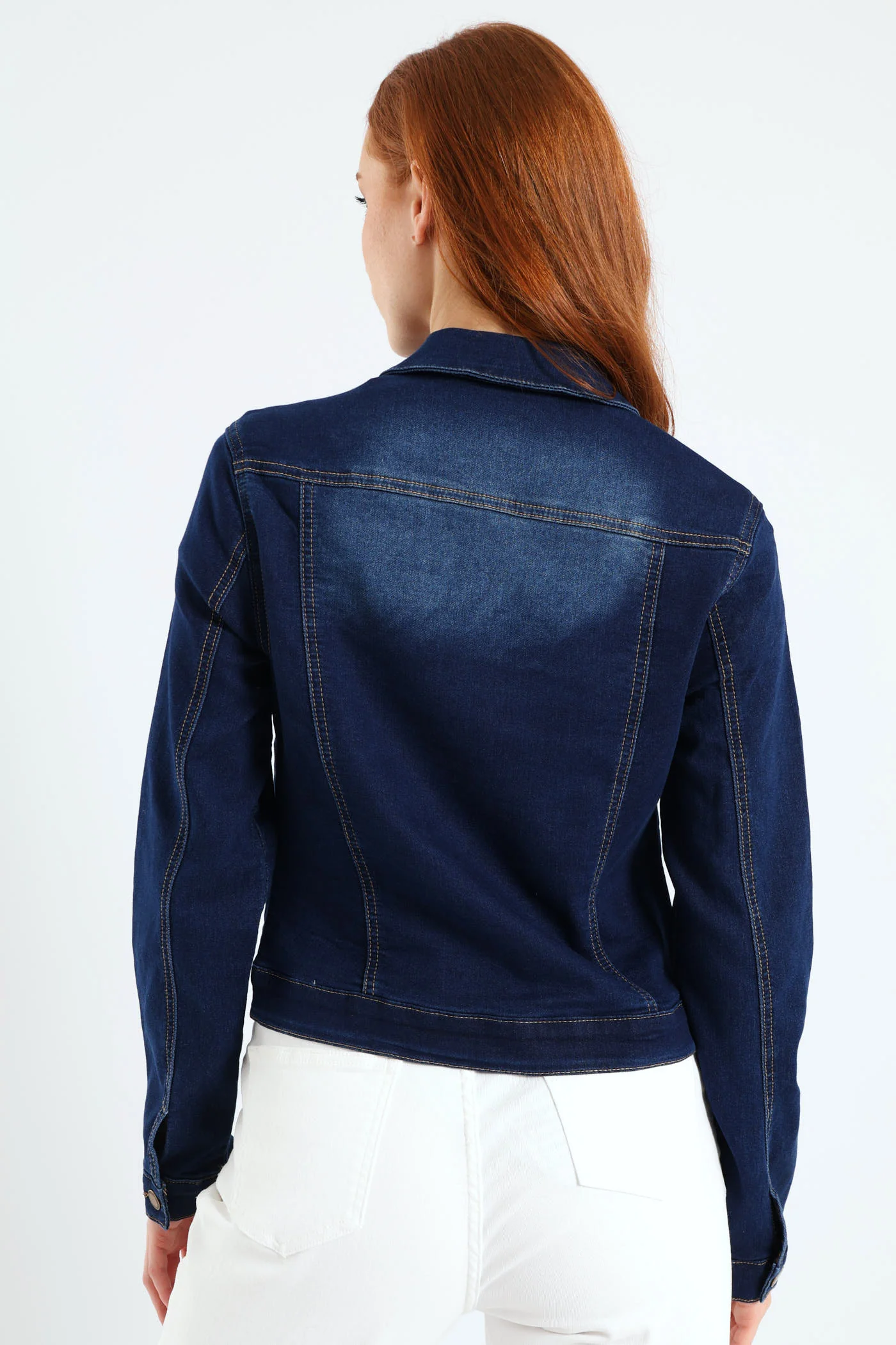 Long Sleeve Classic Knit Denim Trucker Jacket - Dark Wash - Image 4