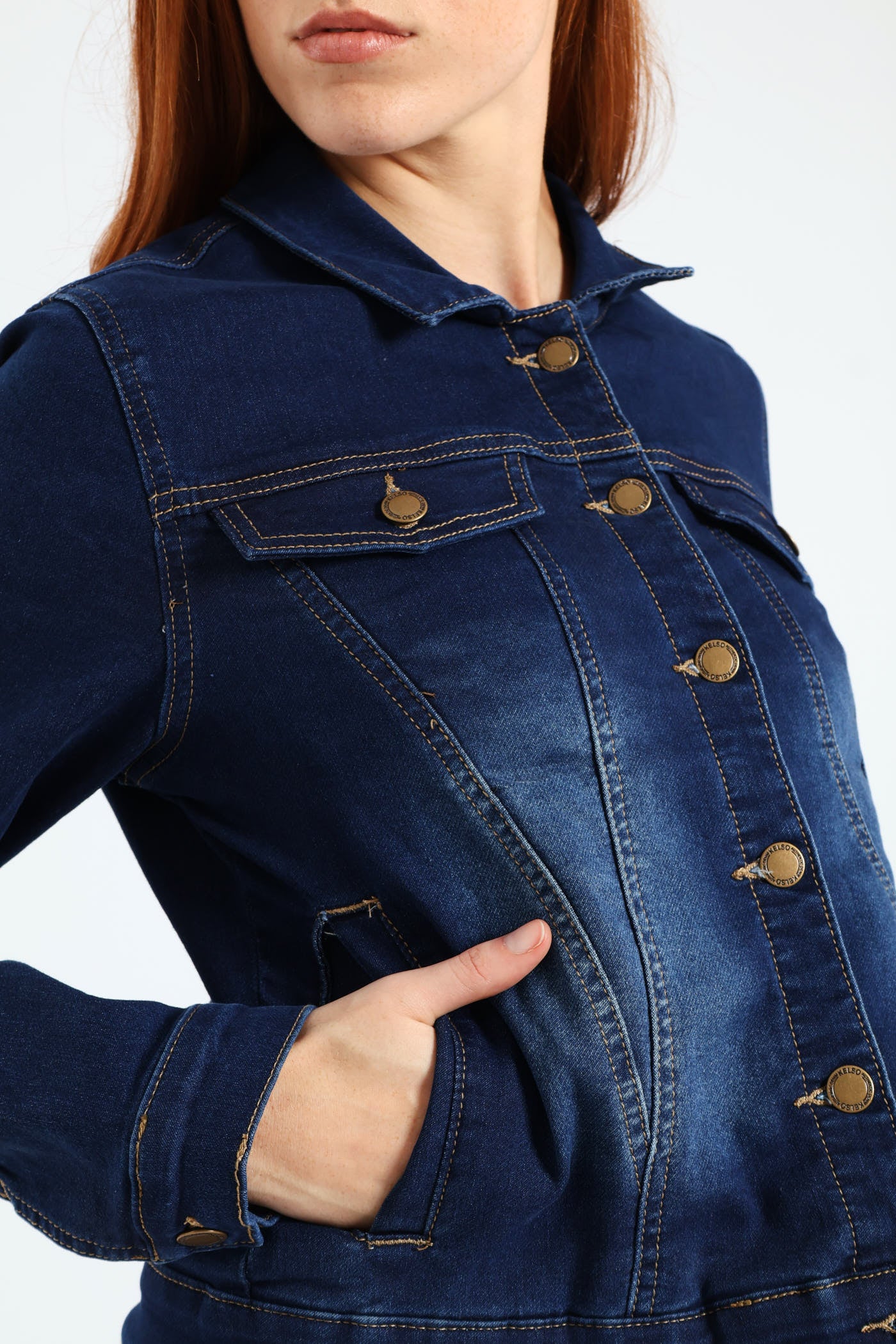 Long Sleeve Classic Knit Denim Trucker Jacket - Dark Wash - Image 5