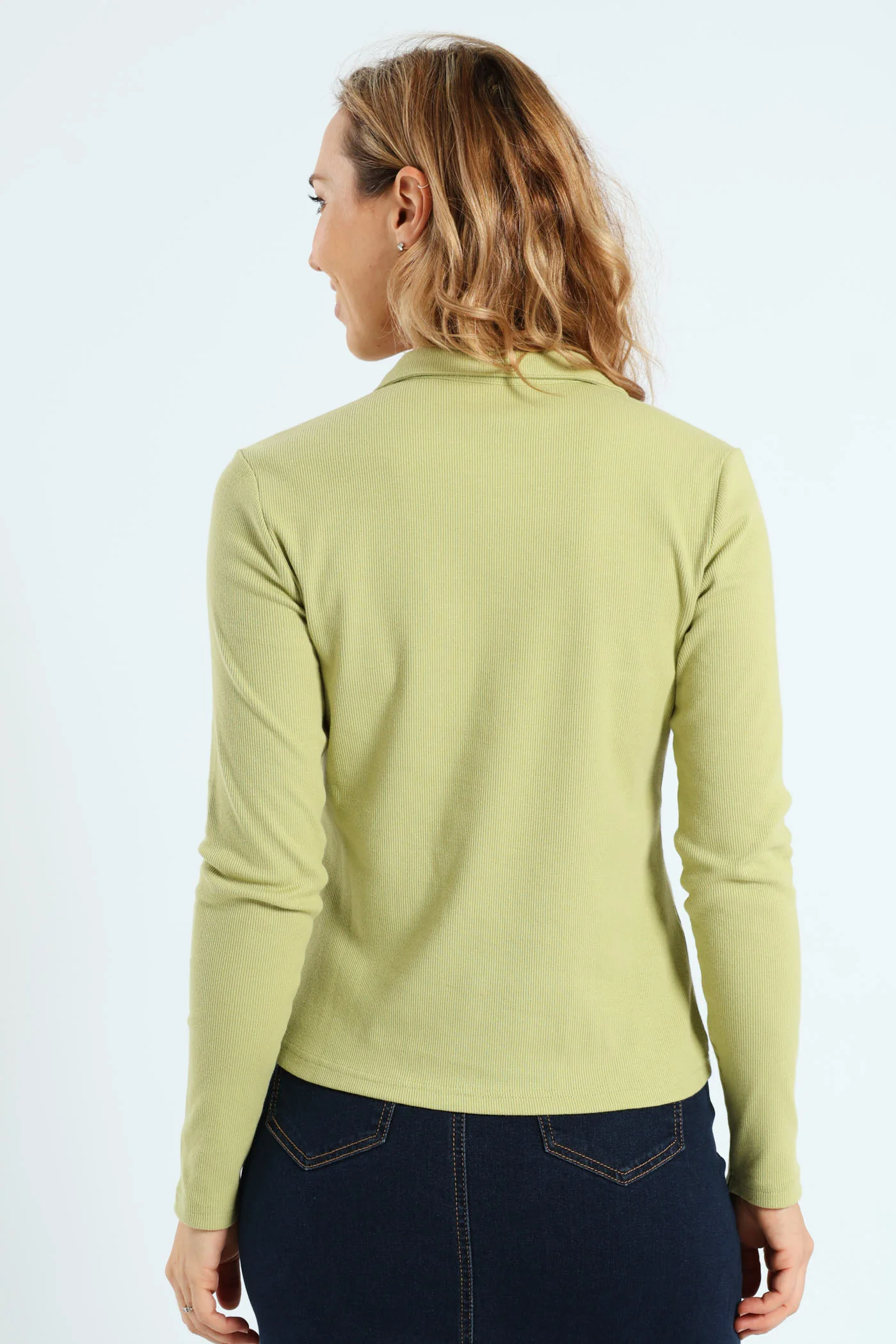 Long Sleeve Collar Button Through Rib Tee - Matcha - Image 3