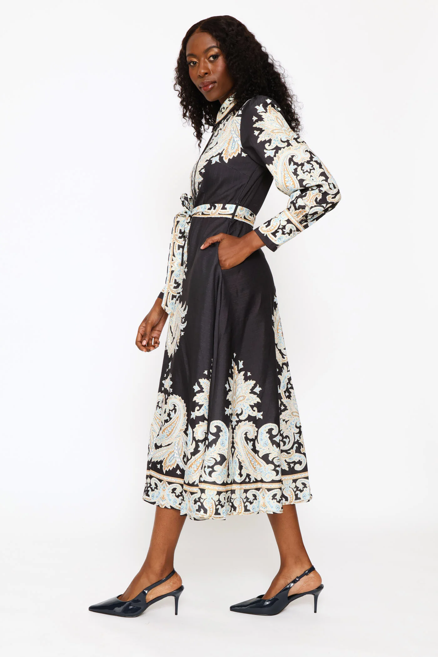 Long Sleeve Collared Button Through Maxi Printed Dress - Black - Image 2
