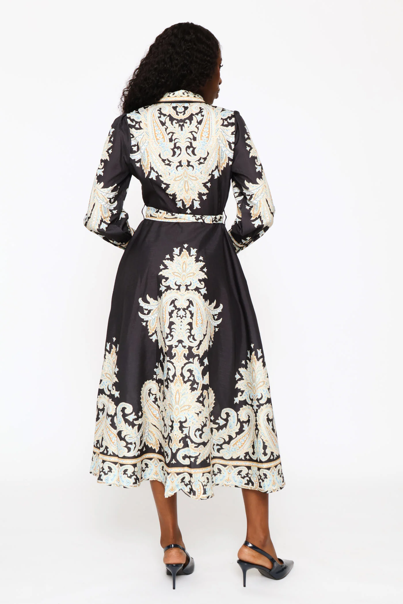 Long Sleeve Collared Button Through Maxi Printed Dress - Black - Image 5