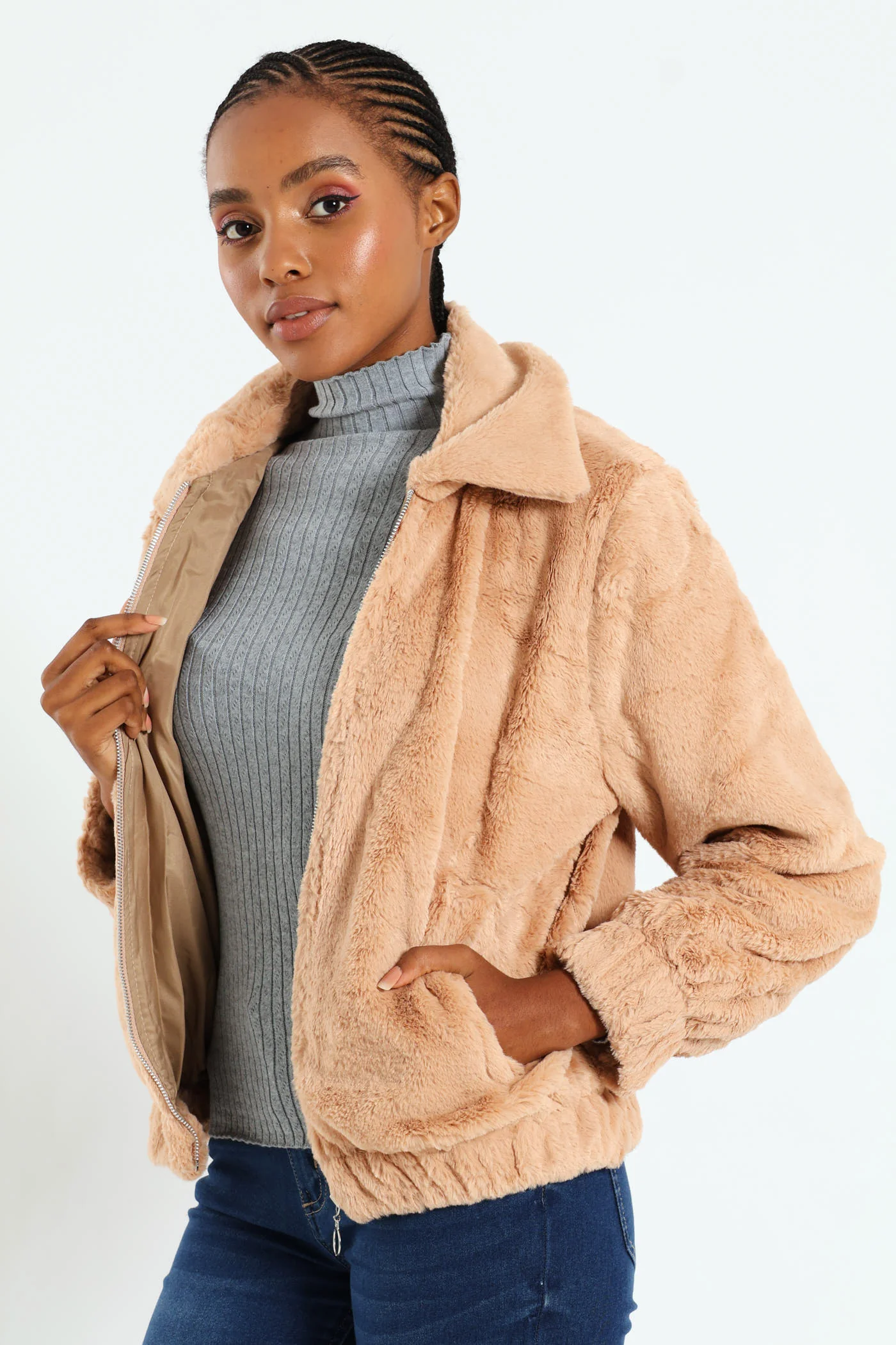 Long Sleeve Collared Fur Bomber - Stone - Image 2