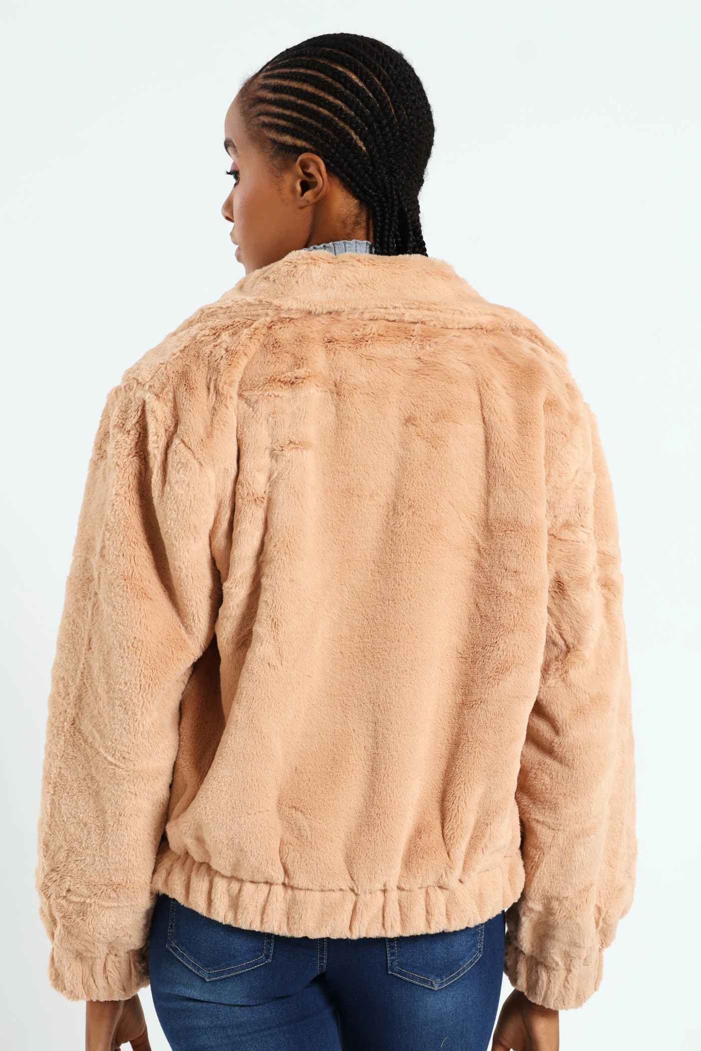 Long Sleeve Collared Fur Bomber - Stone - Image 3