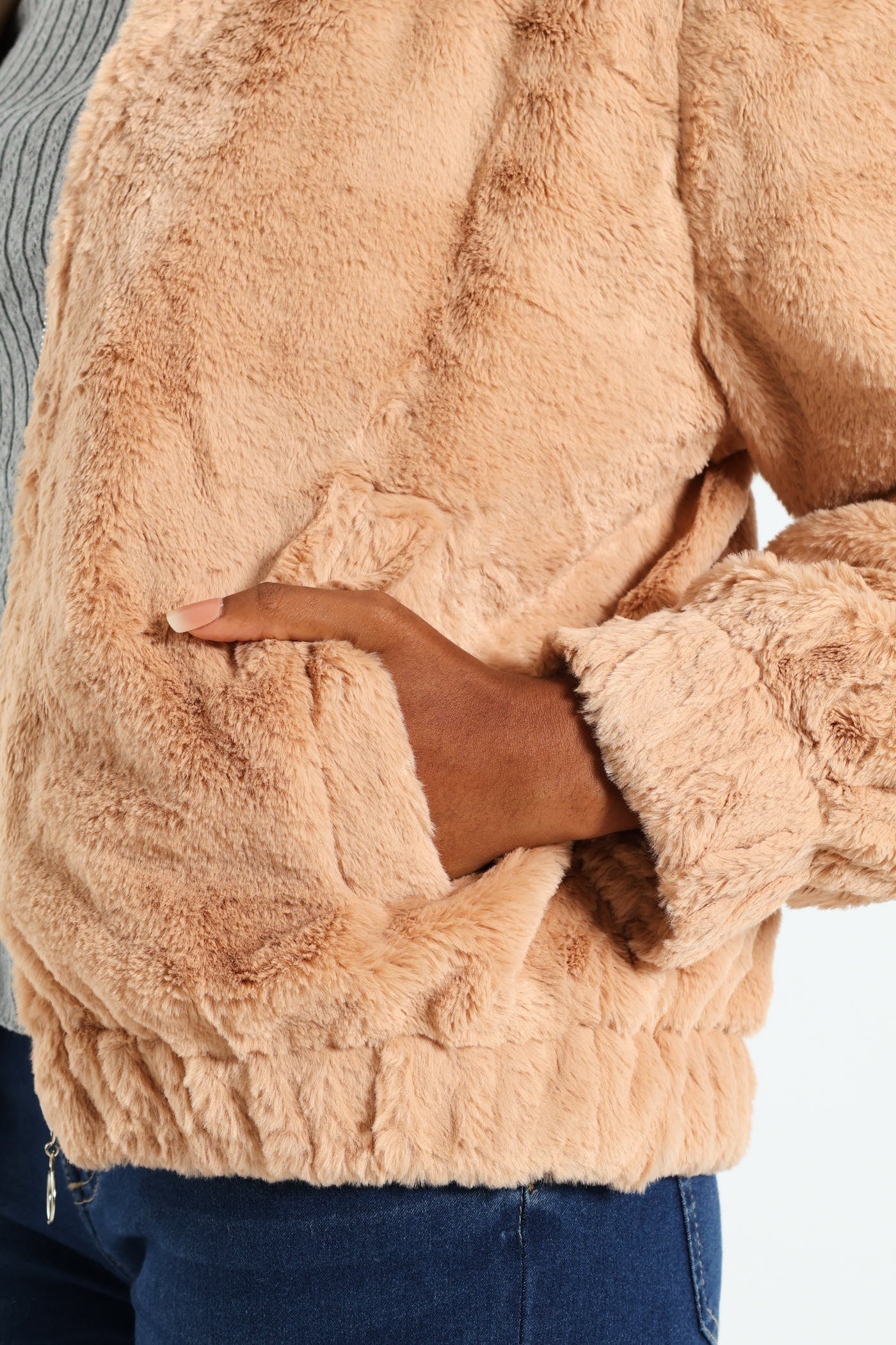 Long Sleeve Collared Fur Bomber - Stone - Image 4