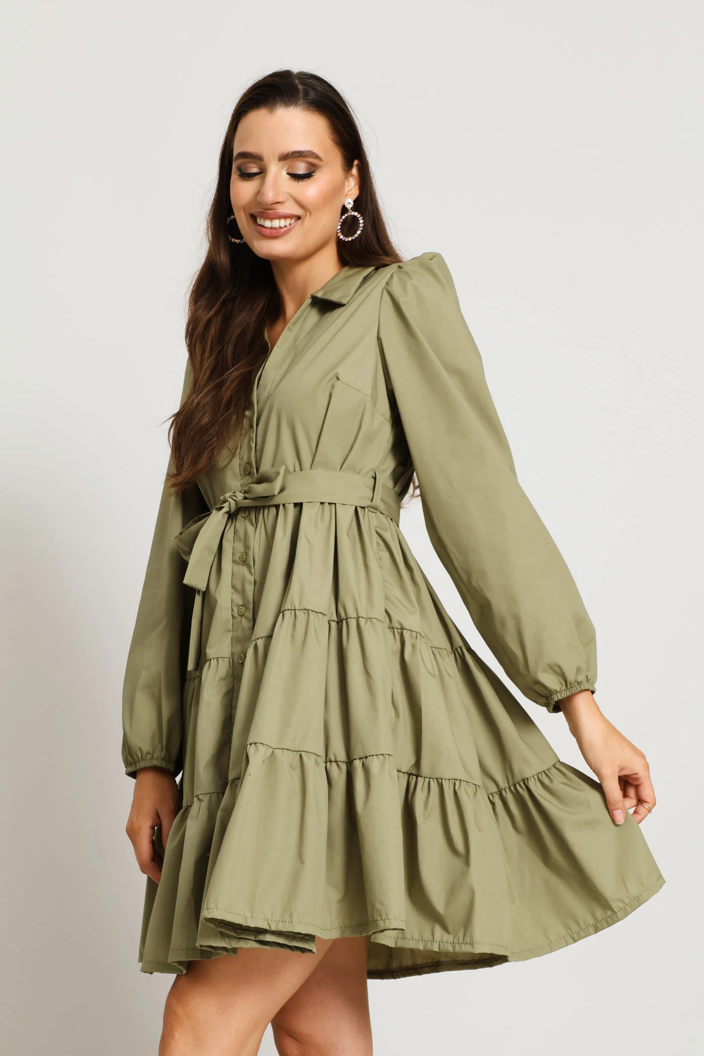 Long Sleeve Collared Tiered Shirt Dress - Image 2