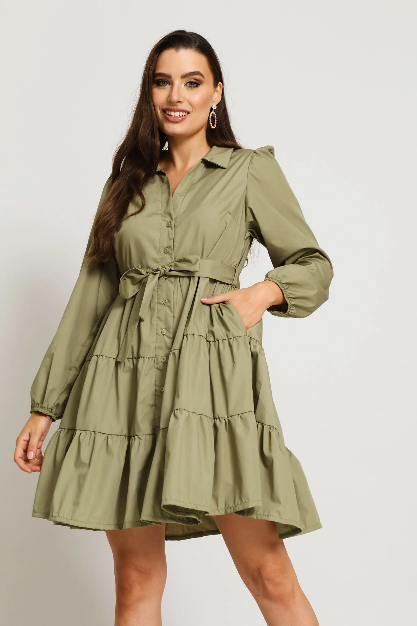 Long Sleeve Collared Tiered Shirt Dress - Image 3