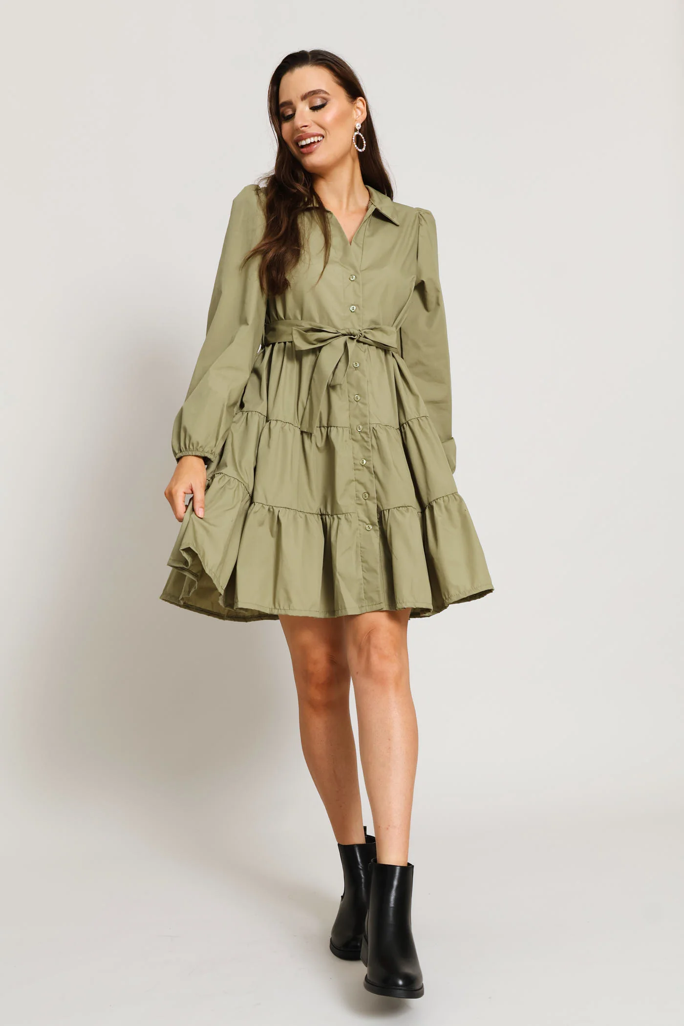Long Sleeve Collared Tiered Shirt Dress - Image 5