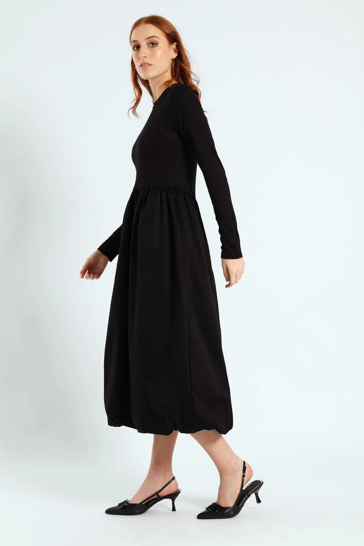 Long Sleeve Combo Bubble Hem Midaxi Dress - Black - Image 2