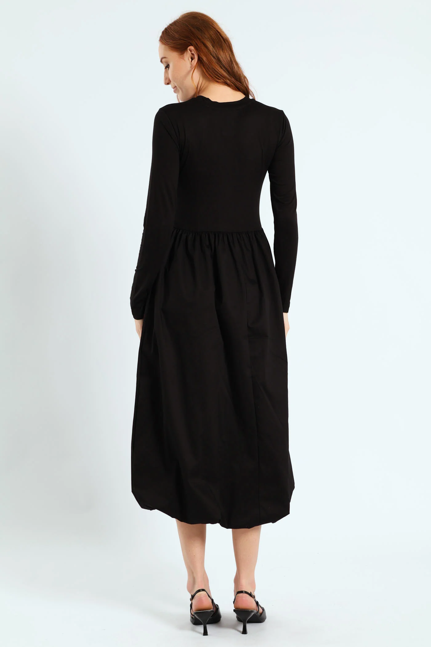 Long Sleeve Combo Bubble Hem Midaxi Dress - Black - Image 3