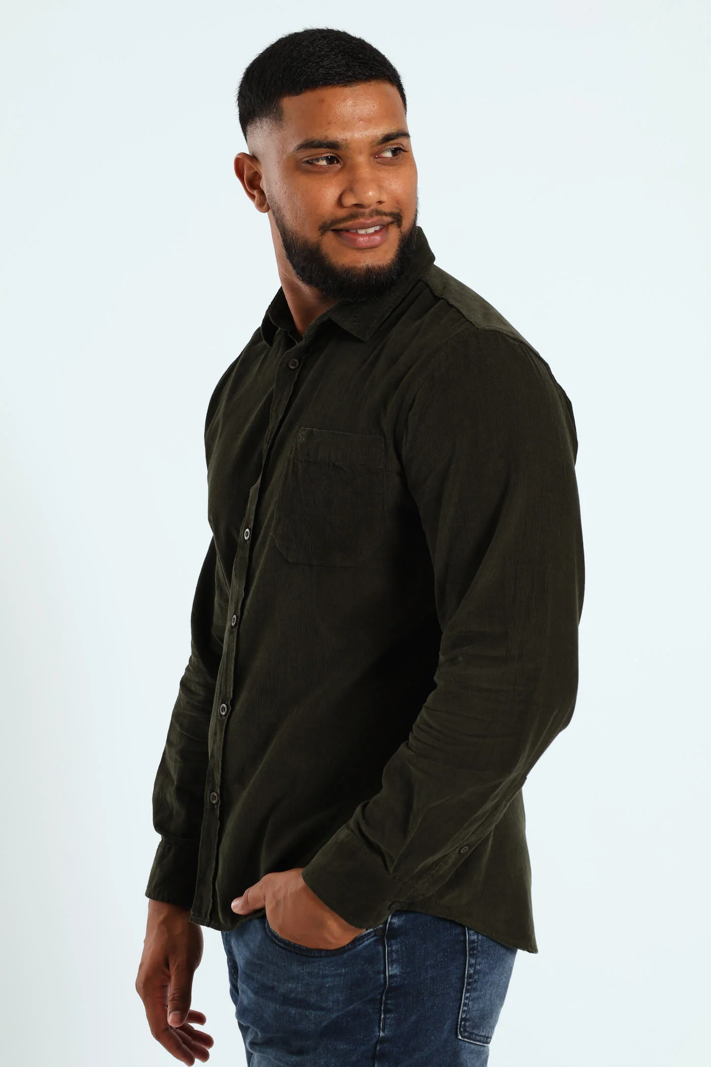 Long Sleeve Corduroy Shirt - Olive - Image 3