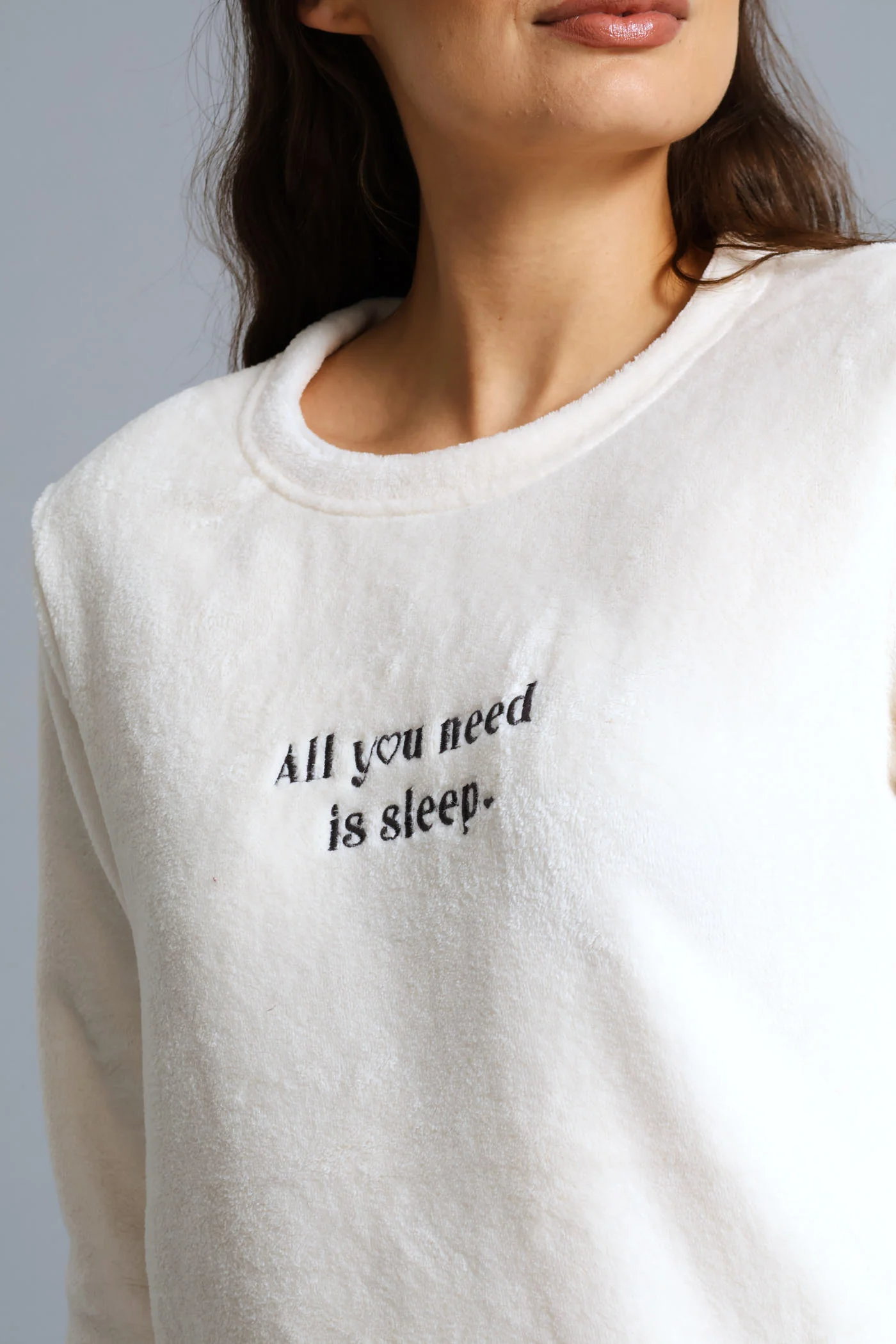 Long Sleeve Cosy Top & Jogger Embroidered Sleep Set - Cream - Image 2