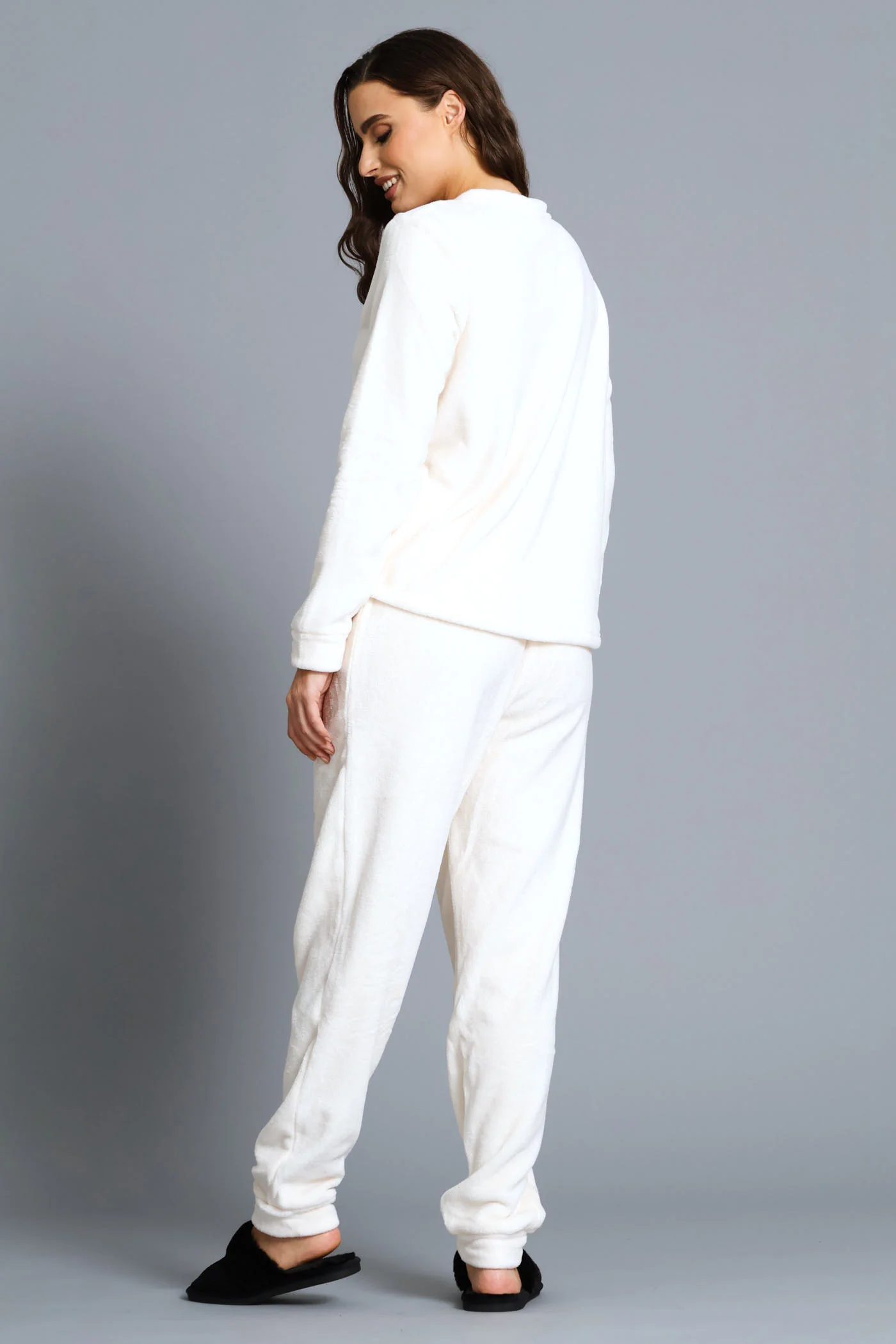 Long Sleeve Cosy Top & Jogger Embroidered Sleep Set - Cream - Image 3