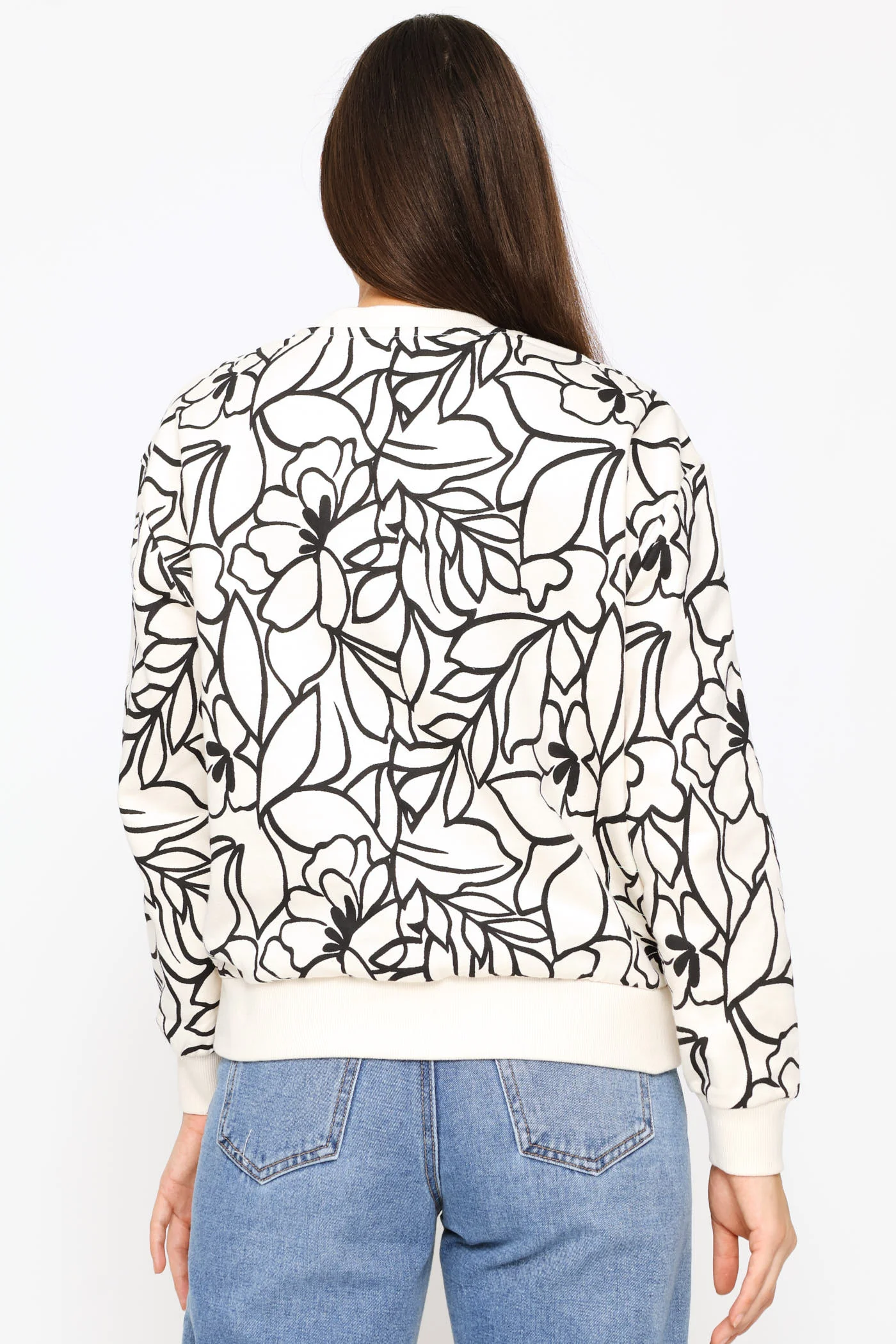 Long Sleeve Cotton Floral Pullover - Cream/Black - Image 4