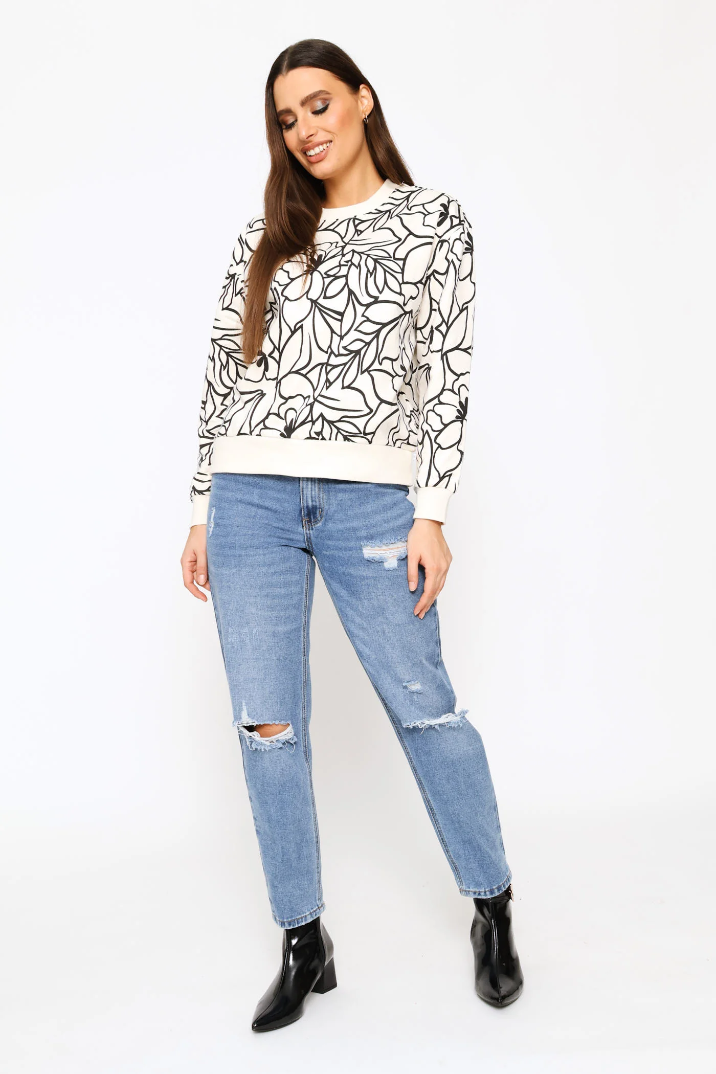 Long Sleeve Cotton Floral Pullover - Cream/Black - Image 5