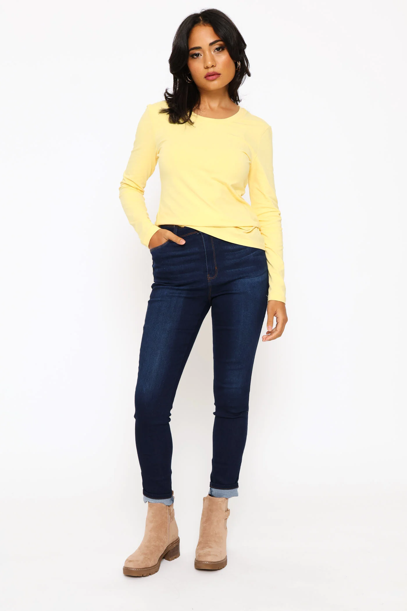 Long Sleeve Cotton Lycra Crew Tee - Light Yellow - Image 4