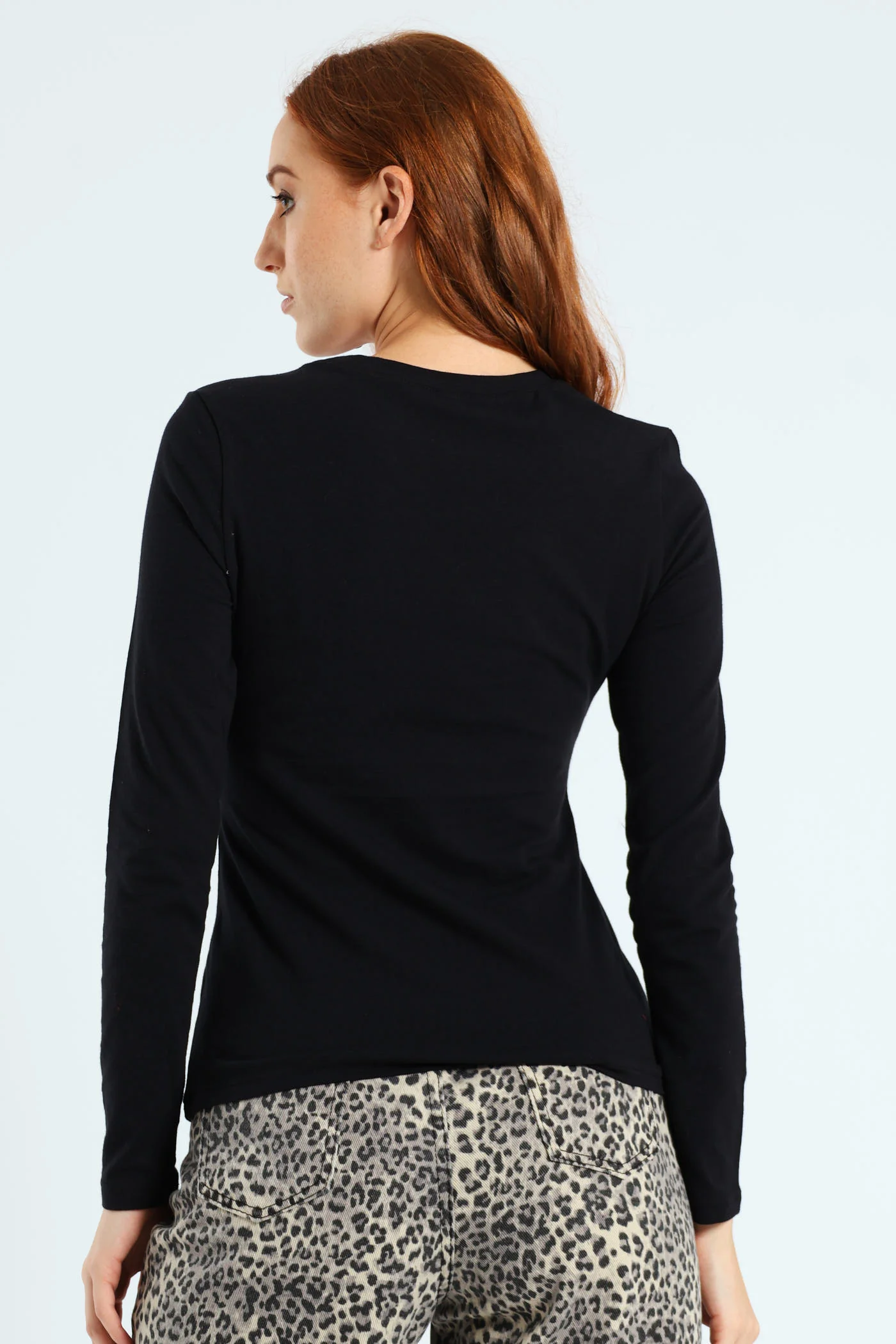 Long Sleeve Cotton Lycra Crew Top - Black - Image 3