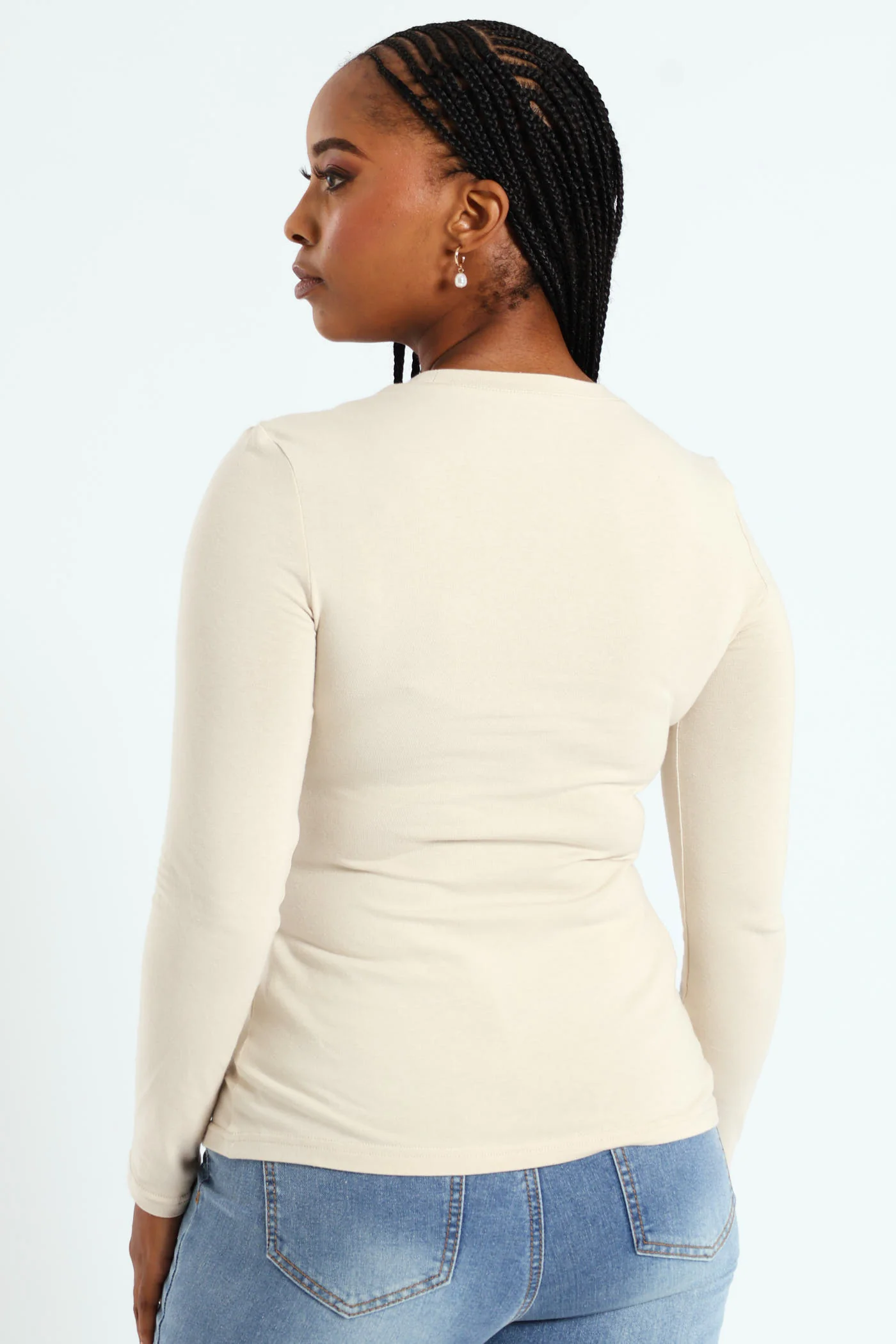 Long Sleeve Cotton Lycra Crew Top - Sandstone - Image 3