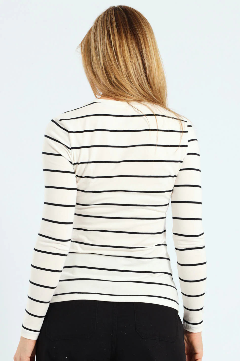 Long Sleeve Cotton Lycra Striped Crew Top - Black/White - Image 3