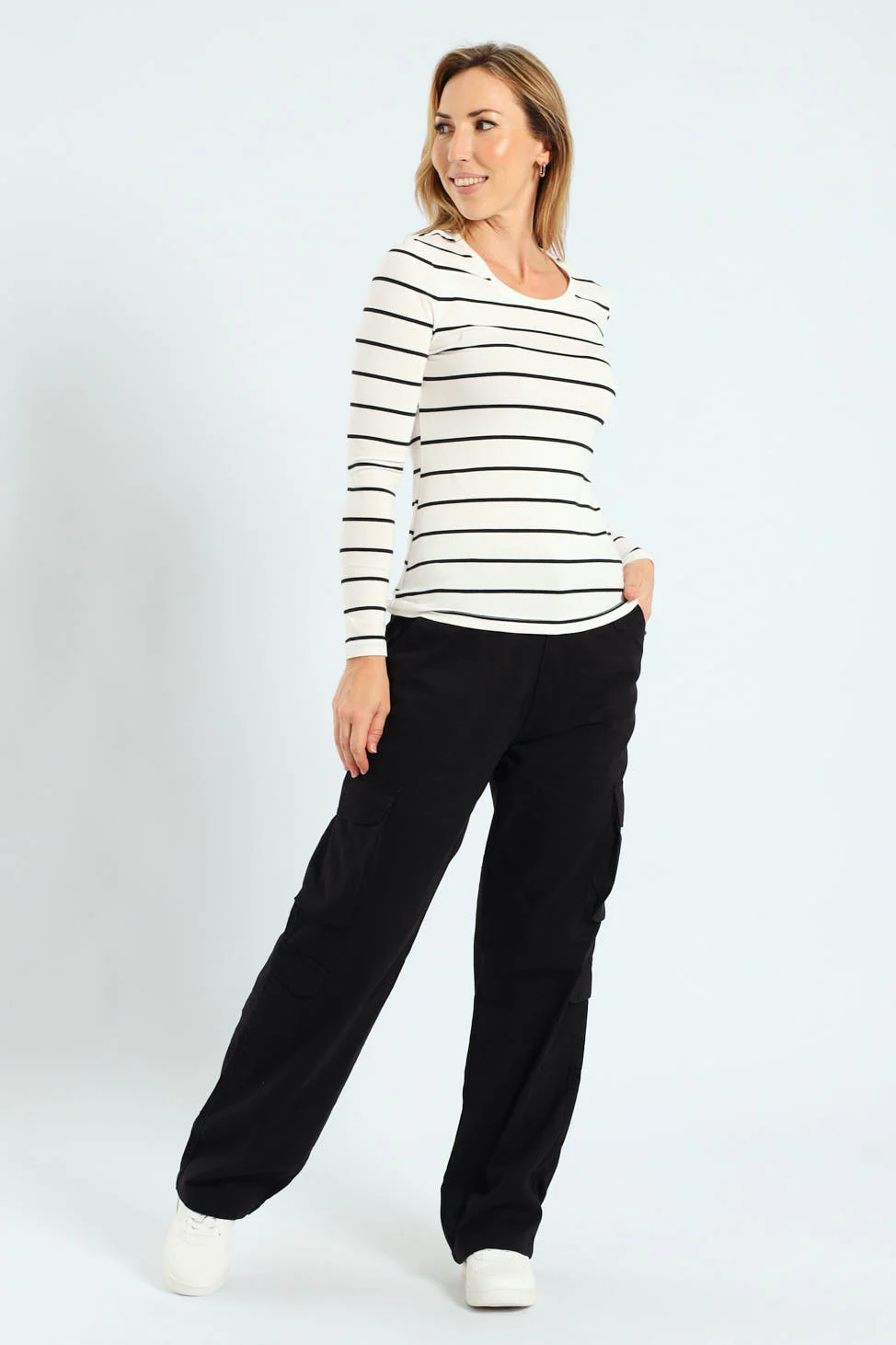 Long Sleeve Cotton Lycra Striped Crew Top - Black/White - Image 4