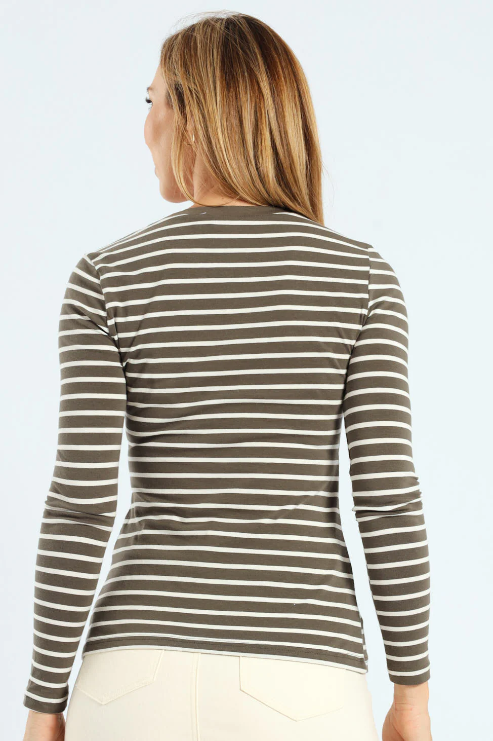 Long Sleeve Cotton Lycra Striped Crew Top - Dark Fatigue/Cream - Image 3