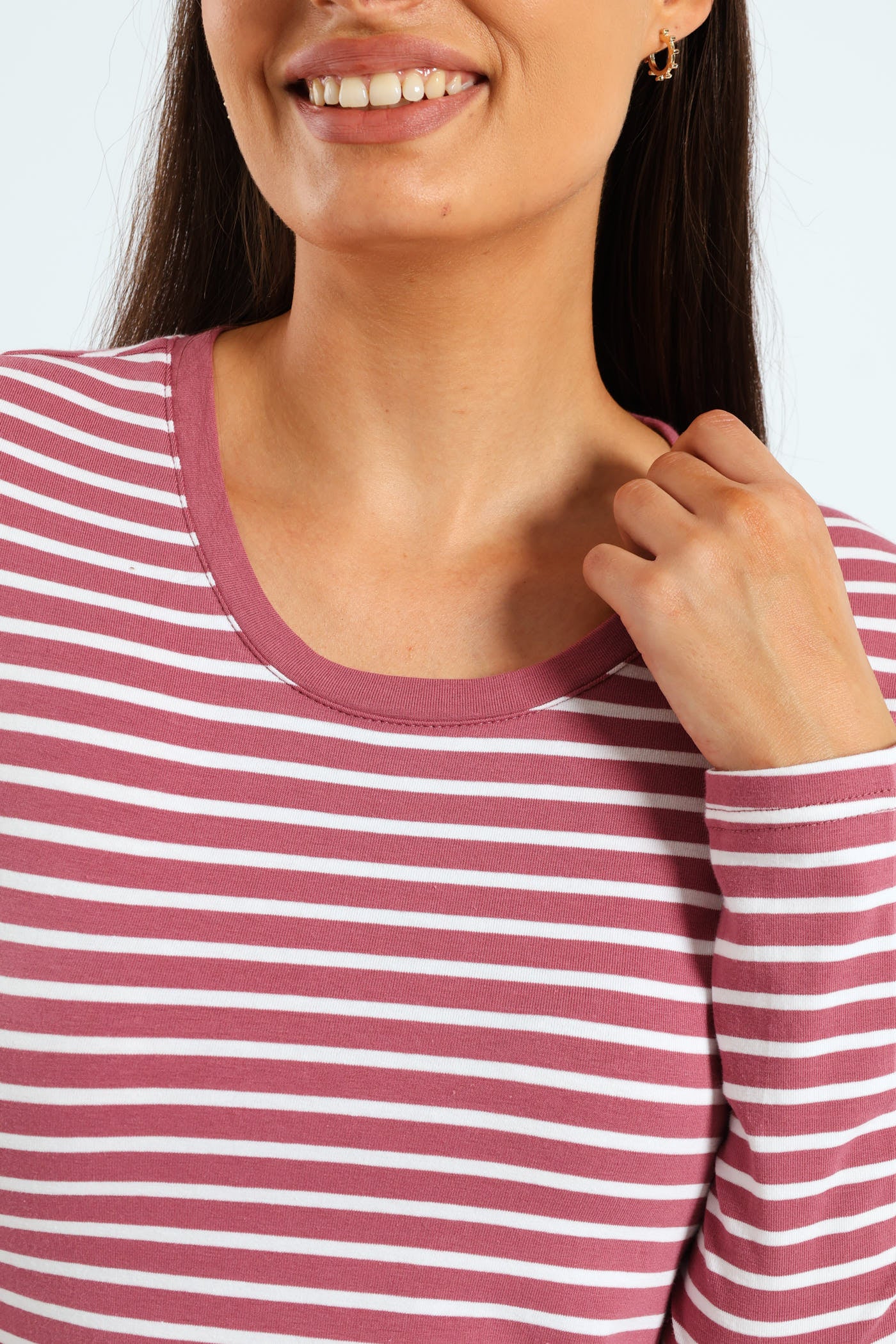 Long Sleeve Cotton Lycra Striped Crew Top - Rose/Cream - Image 2