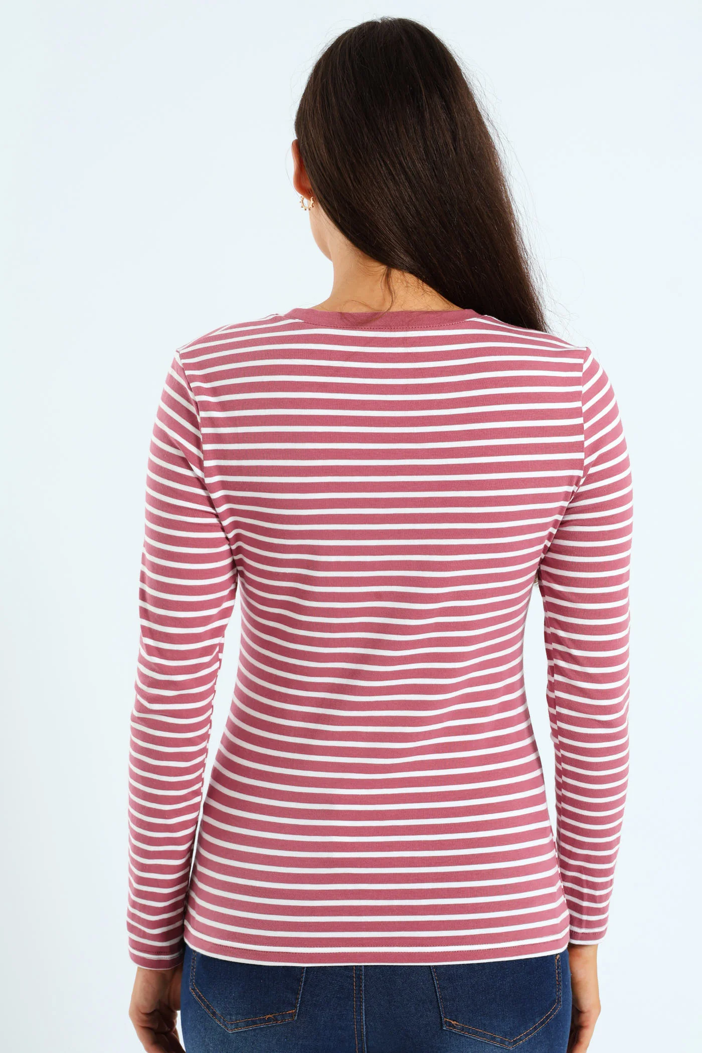 Long Sleeve Cotton Lycra Striped Crew Top - Rose/Cream - Image 3